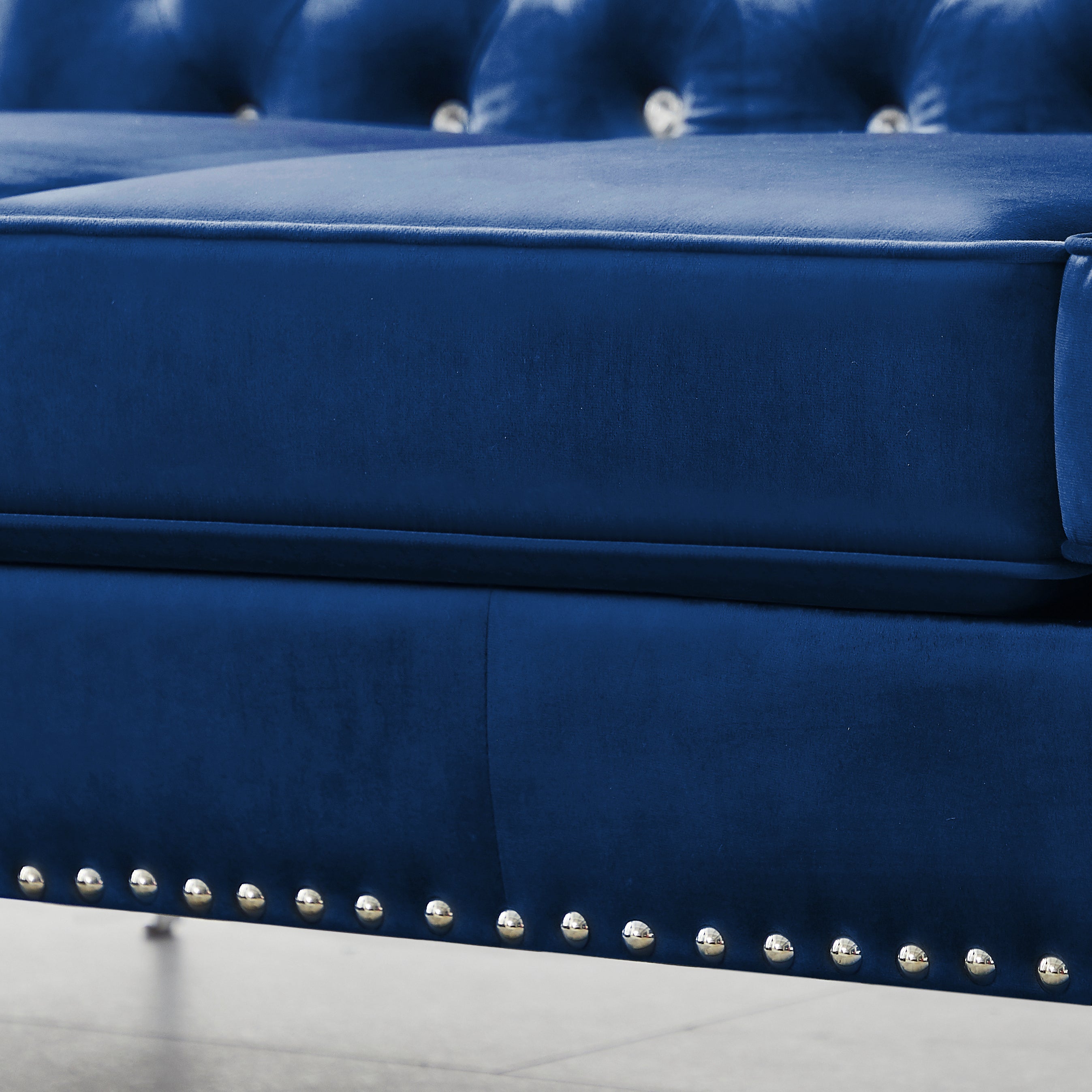 82.3" Width Modern Velvet Sofa Jeweled Buttons Tufted Square Arm Couch Blue,2 Pillows Included