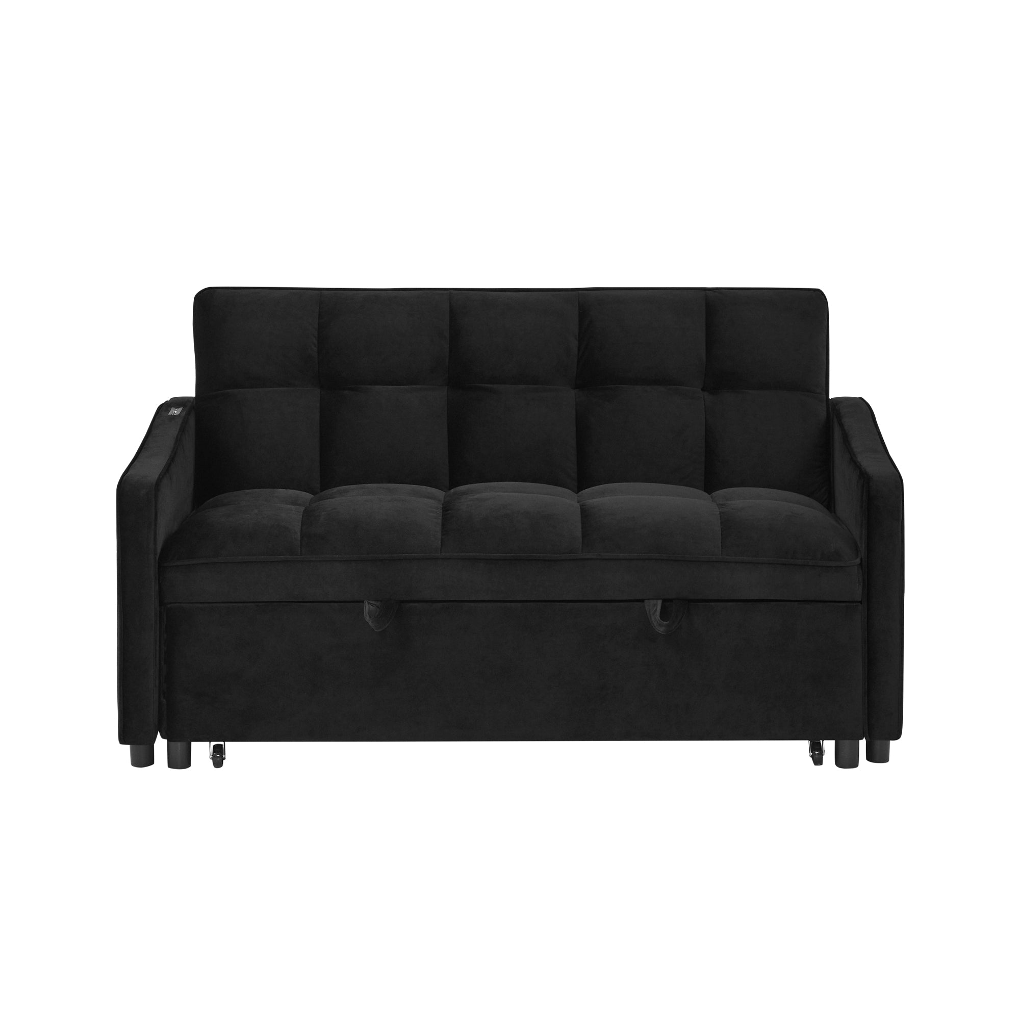 Loveseats Sofa Bed with Pull-out Bed,Adjsutable Back and Two Arm Pocket,TypeC and USB Charging with Copper nail,Black (47"x53"x31")