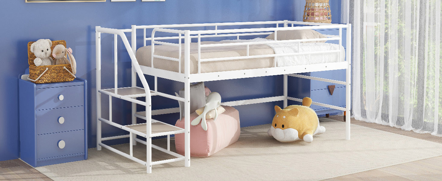 Mid Loft Bed with Storage stairs, Twin, White