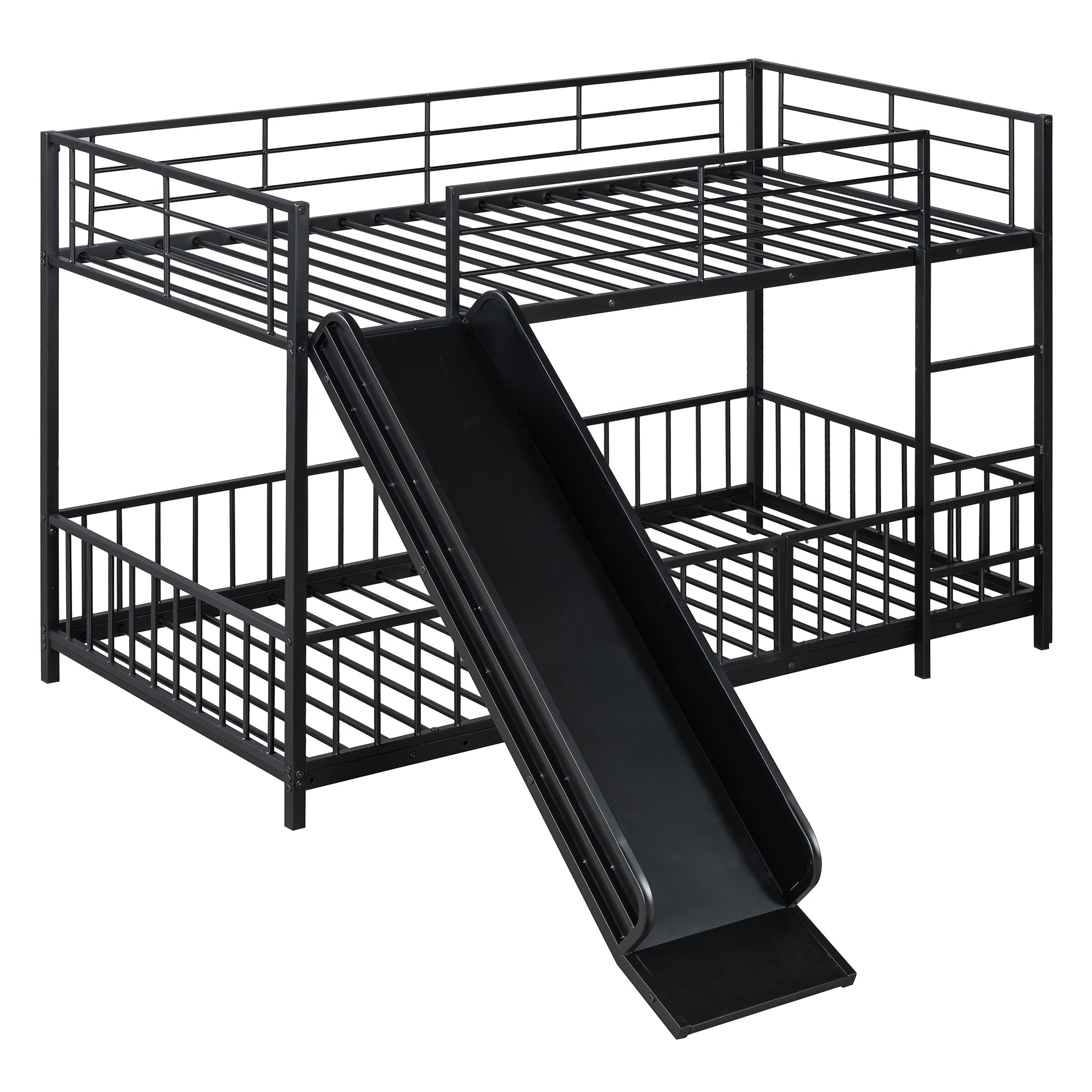 Twin over Twin Size Metal Bunk Bed with Slide and Guardrails, Black