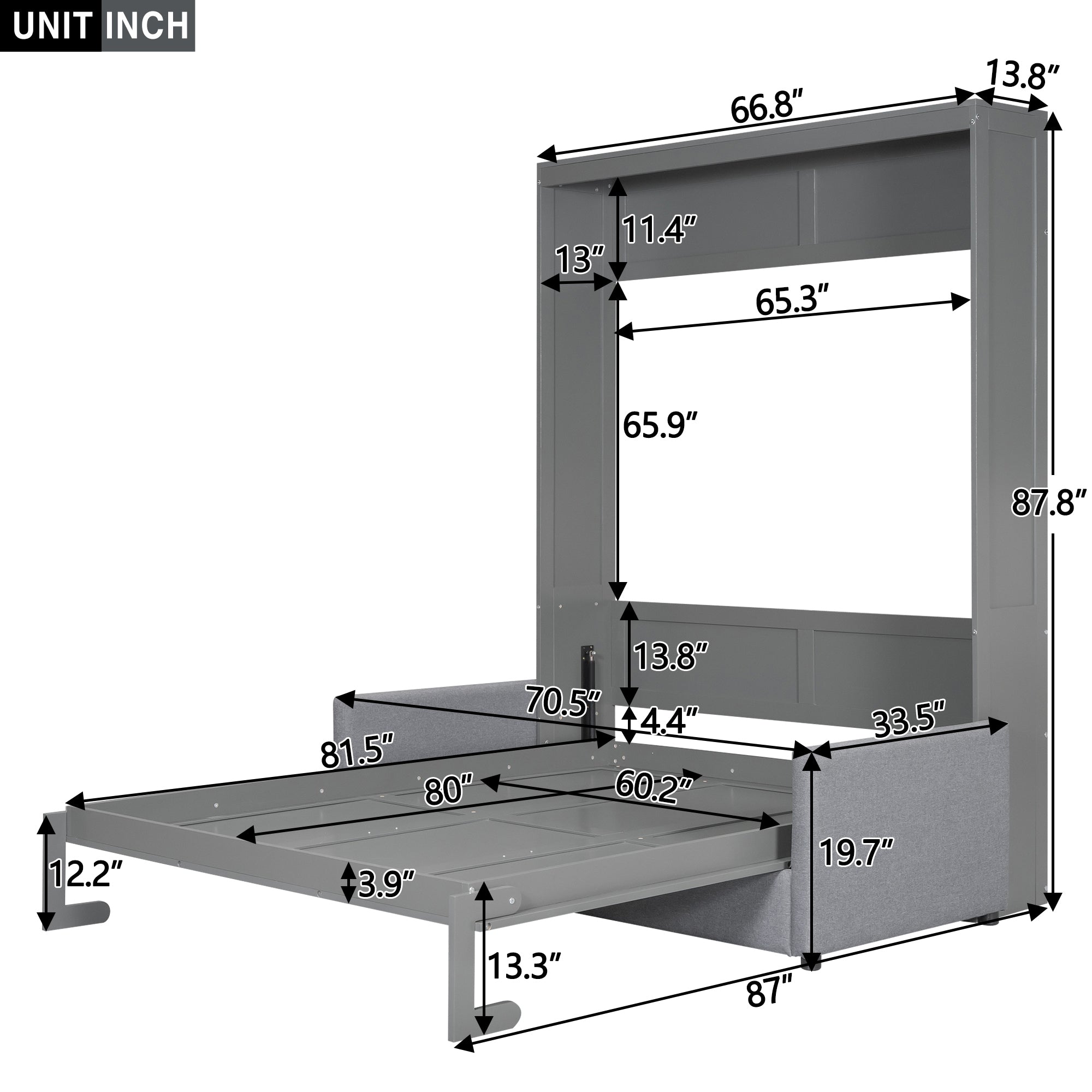 Queen Size Murphy Bed Wall Bed with Cushion,Gray