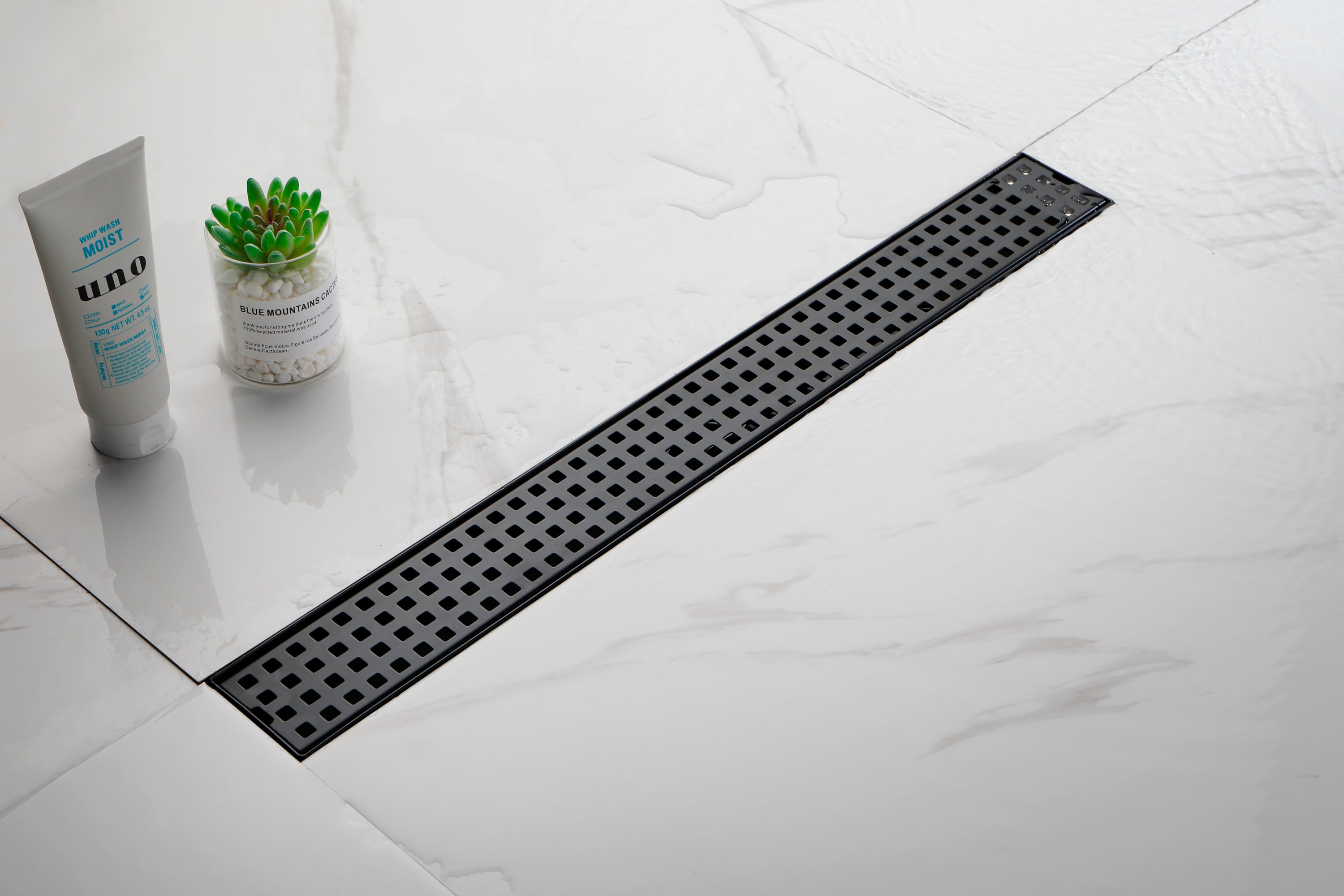 24 Inches Linear Shower Drain with Removable Quadrato Pattern Grate, 304 Stainless Shower Drain  Included Hair Strainer and Leveling Feet