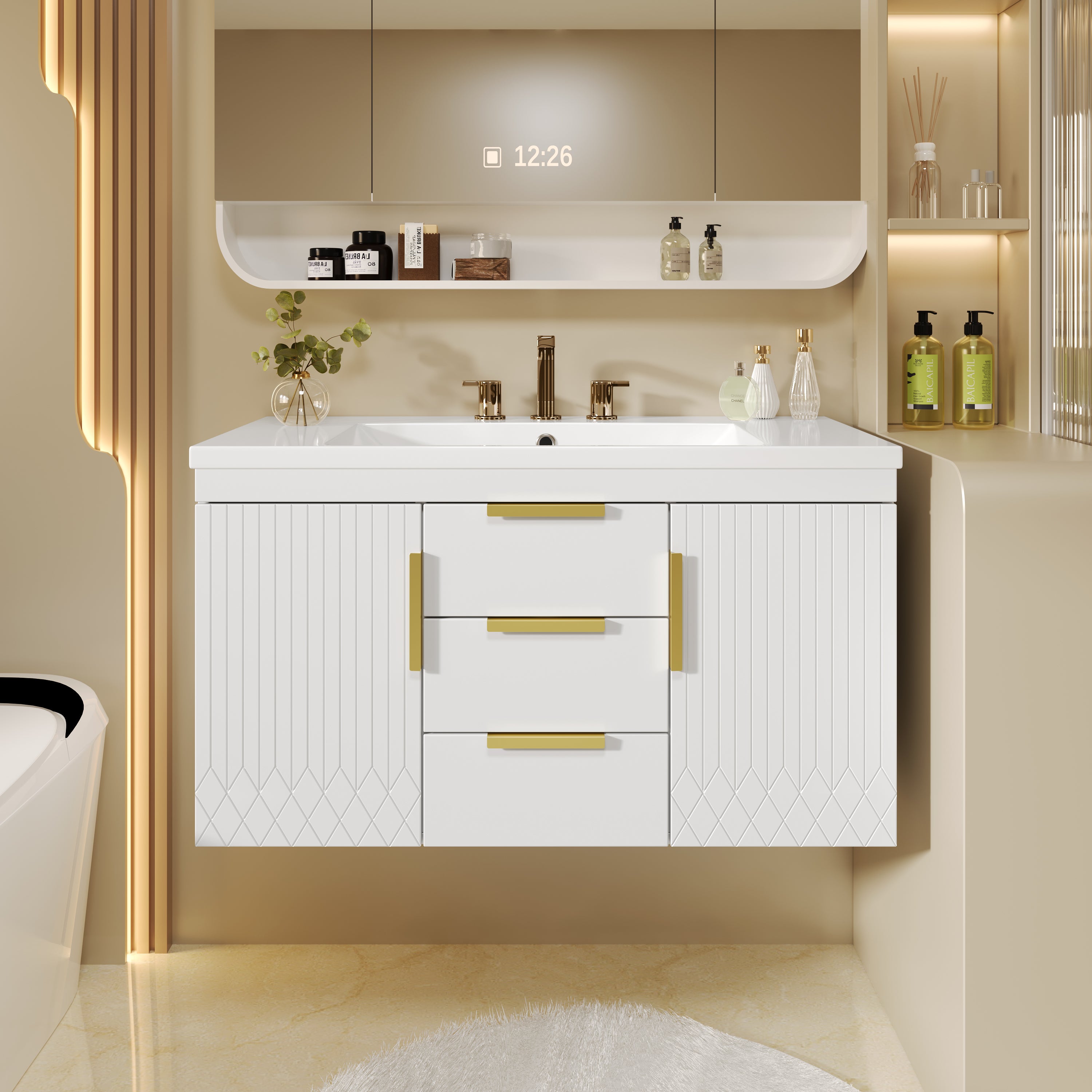 36'' Wall Mounted Bathroom Vanity with Resin Sink, Floating Bathroom Storage Cabinet with 2 Drawers, Solid Wood Bathroom Cabinet