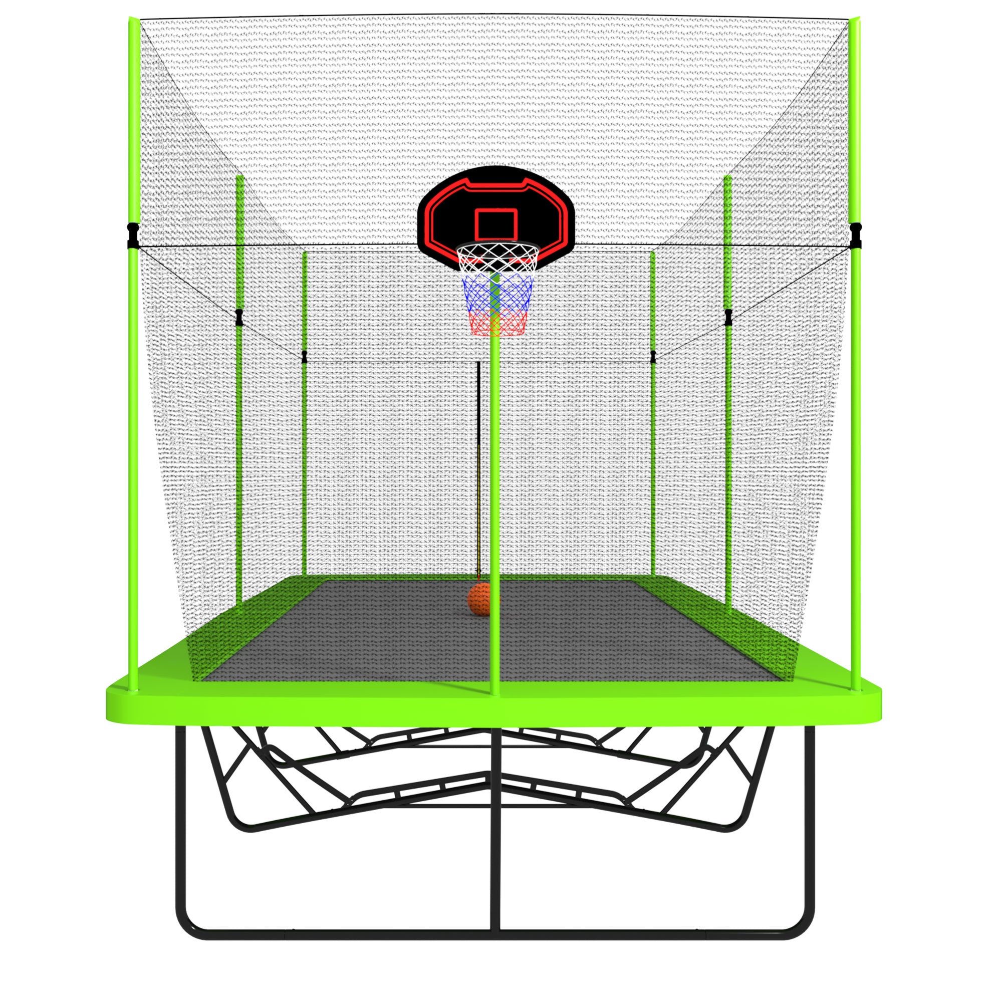 10ft by 17ft Rectangule Trampoline with Green Fabric Black Powder-coated Galvanized Steel Tubes with Basketball Hoop System Advanced Ladder