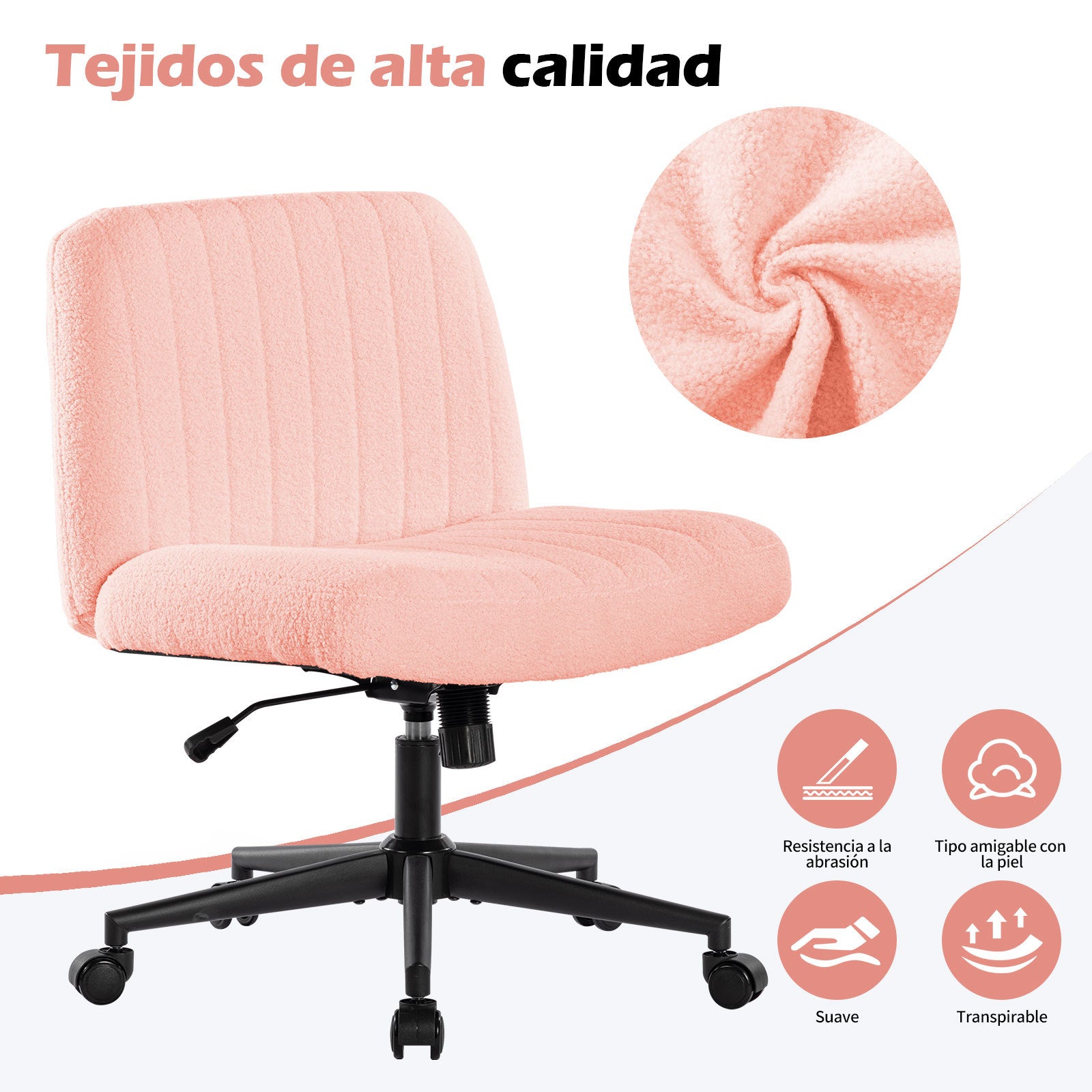 Office chair with wheels, armless office chair, Teddy velvet wide seat home office chair, cute computer chair with 15 ° swing backrest, suitable for bedrooms and dressing tables