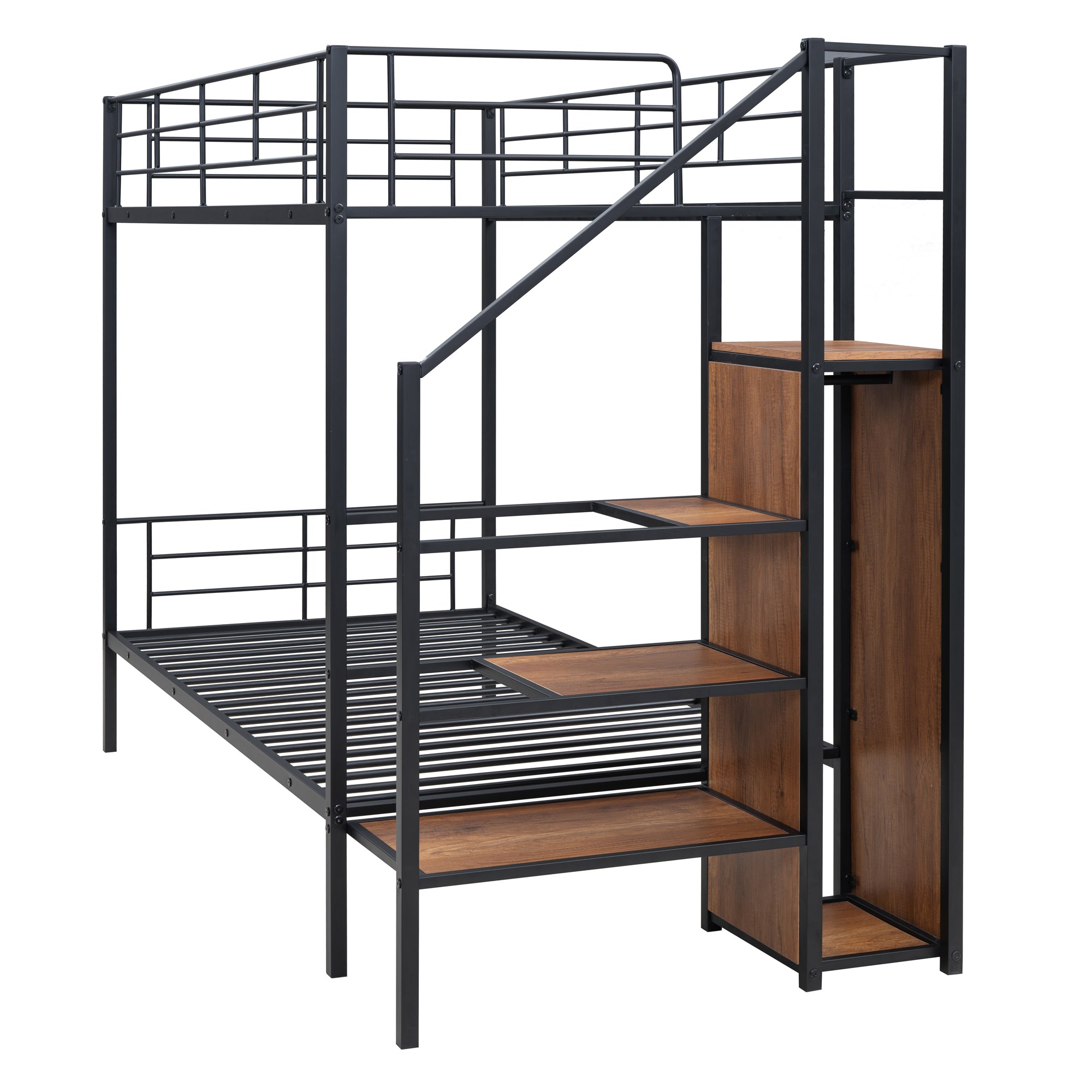 Twin Over Twin Metal Bunk Bed with Lateral Storage Ladder and Wardrobe, Black