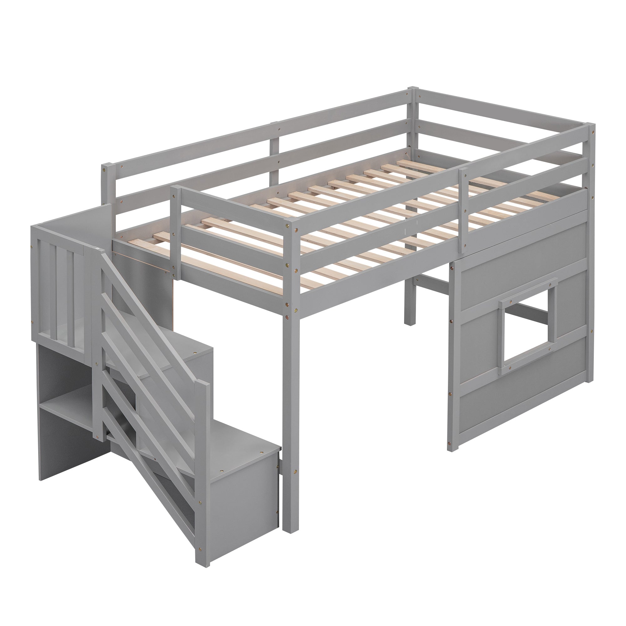 Twin Size Loft Bed with Storage Staircase and Window, Gray