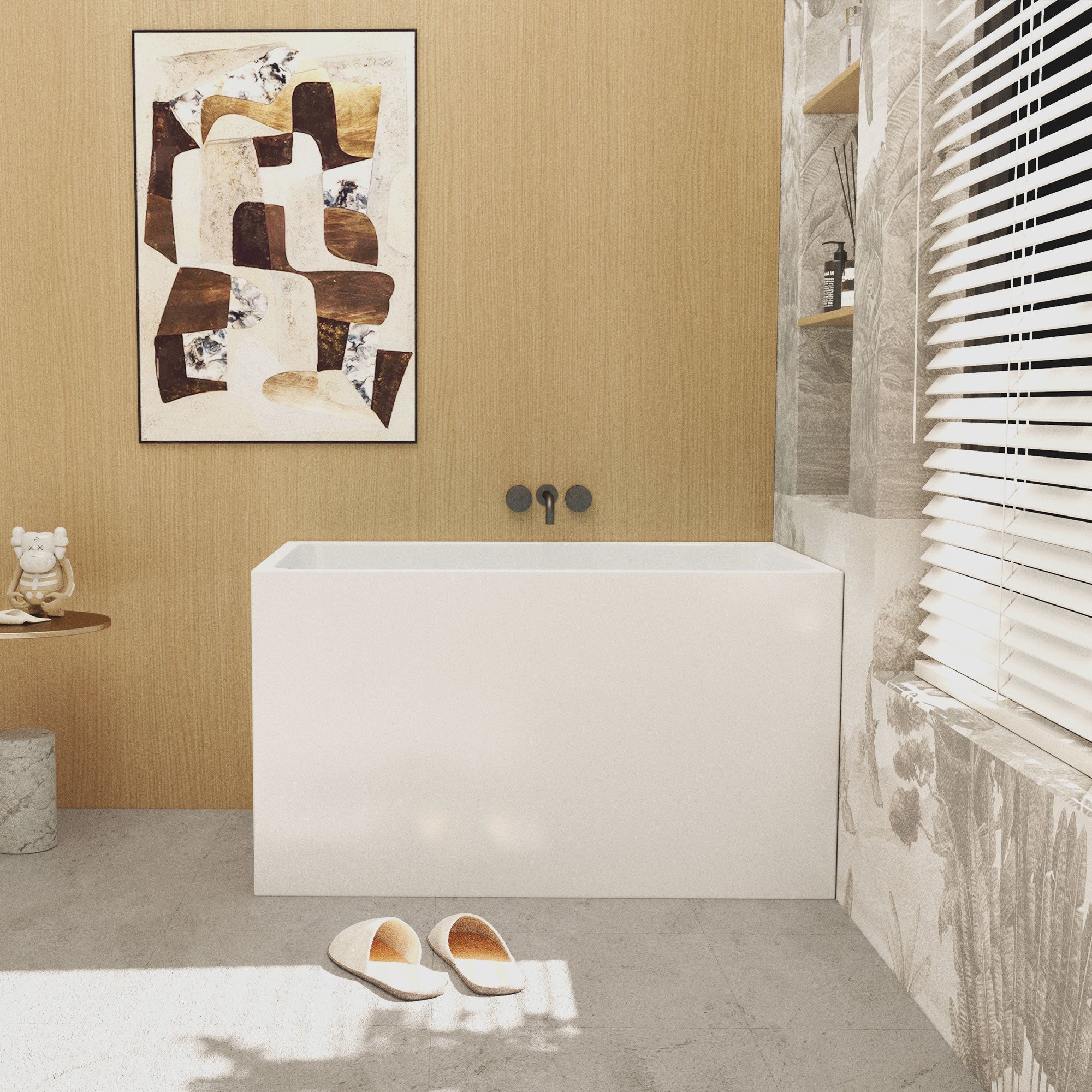 Gloss white freestanding rectangle bathtub with built-in seat, angled view