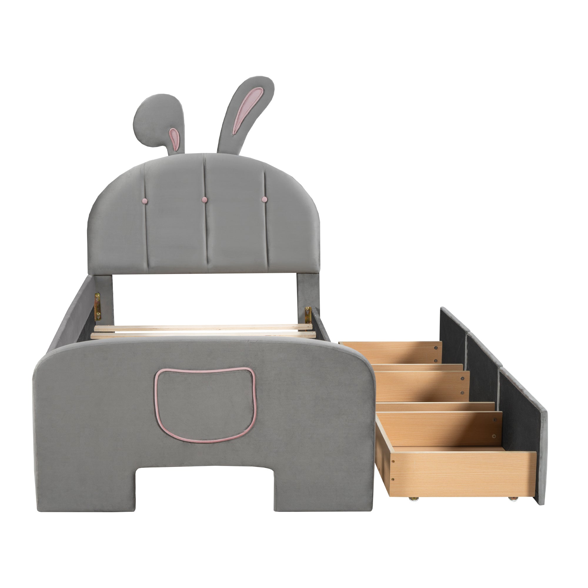 Twin Size Velvet Platform Bed with Rabbit-Shaped Headboard, with Drawers, with Bed-End Storage Pocket, Gray