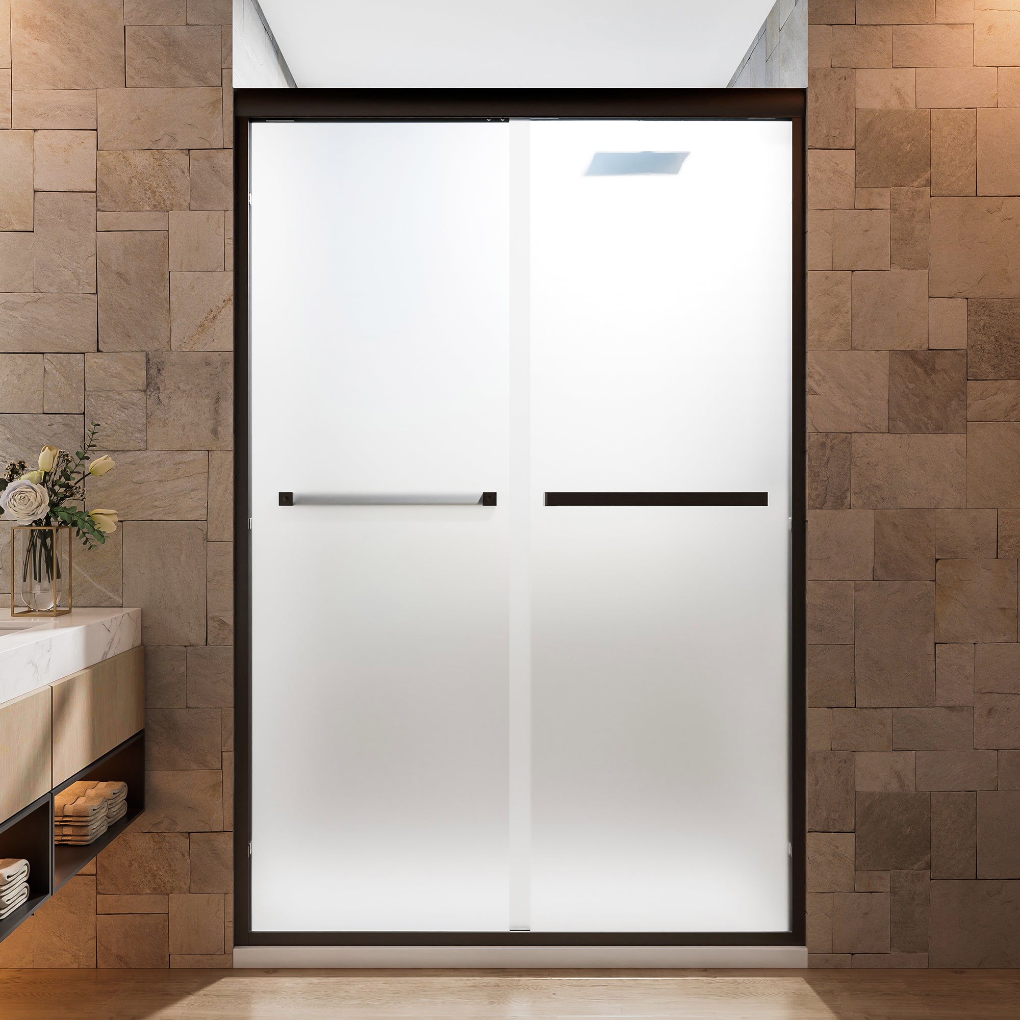 44-60 x 72 in Frosted Framed Double Sliding Shower Door - 44-48 x 72 in / Frosted Glass / Matte Black view 1