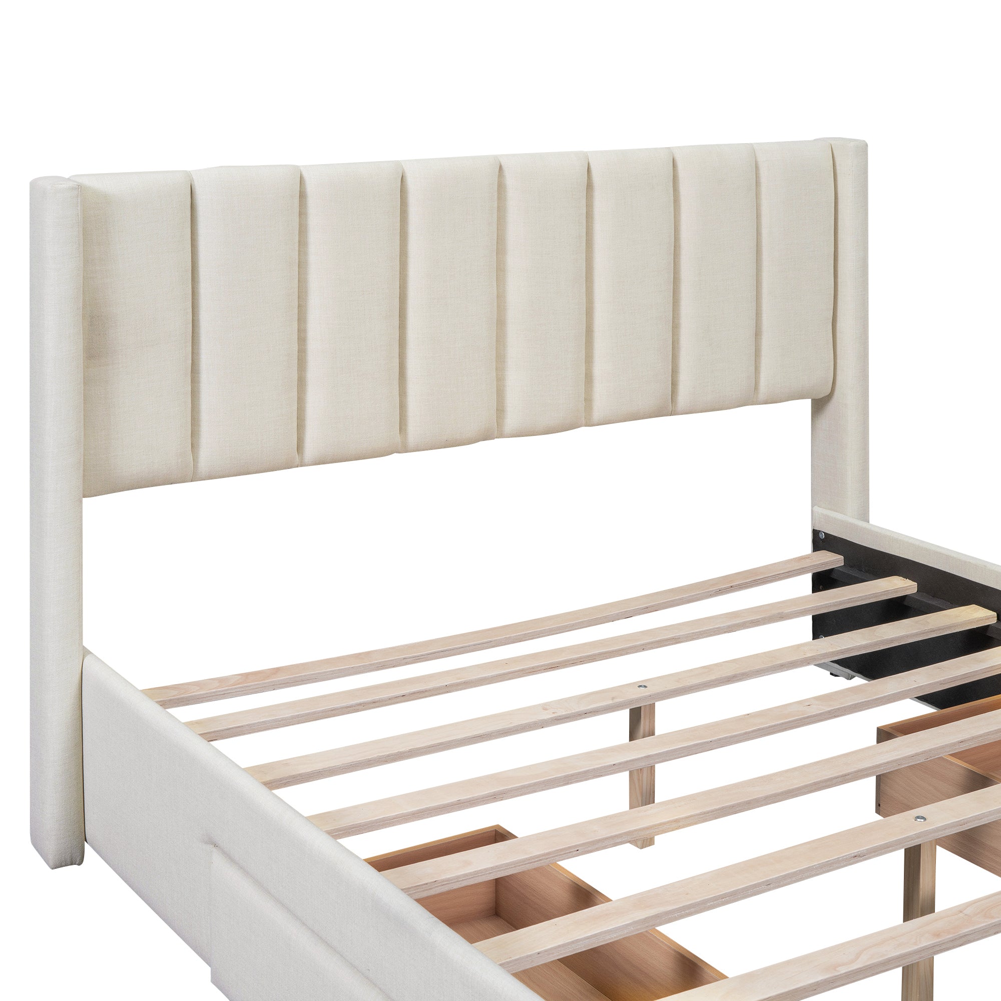 Queen Size Upholstered Platform Bed with One Large Drawer in the Footboard and Drawer on Each Side,Beige