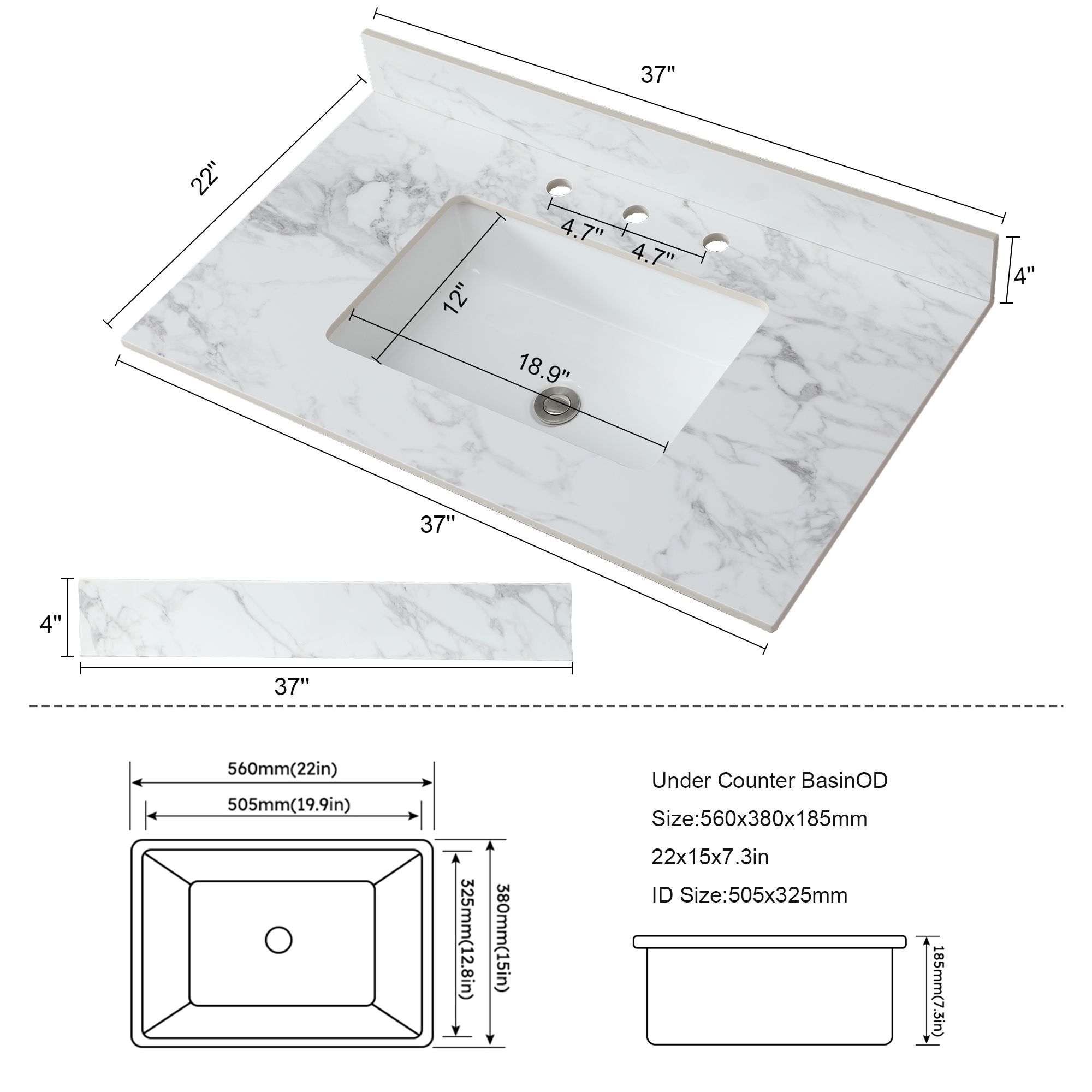 37"x22"Bathroom Vanity Top,sintered stone carra white   Barthroom Vanity Sink Tops with Rectangular Undermount Ceramic Sink with Vanity Backsplash, Three Faucet Hole Bathroom Vanity Countertop