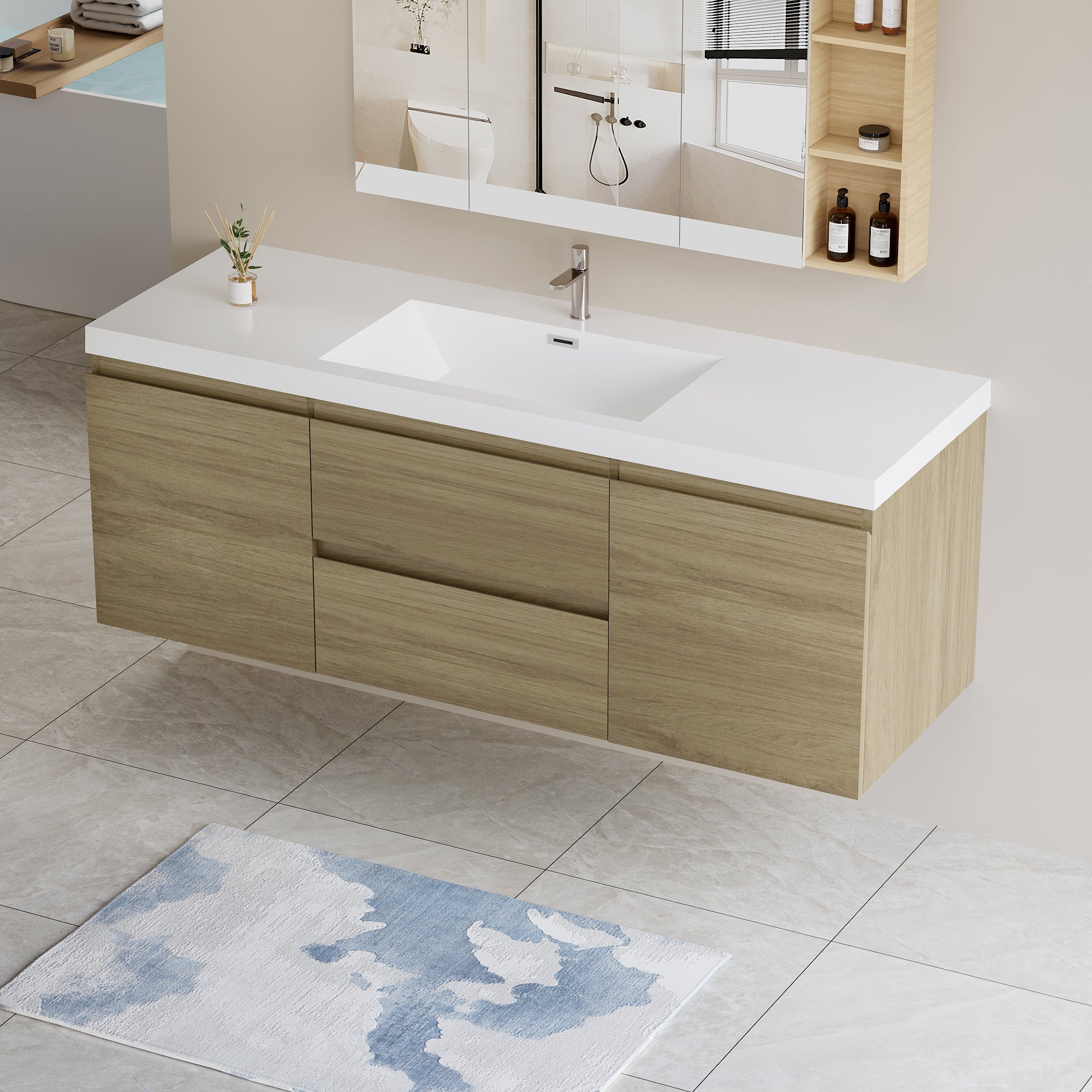 60" Floating Bathroom Vanity with Sink, Modern Wall-Mounted Bathroom Storage Vanity Cabinet with Resin Top Basin and Soft Close Drawers, Natural Oak 24V11-60SNO