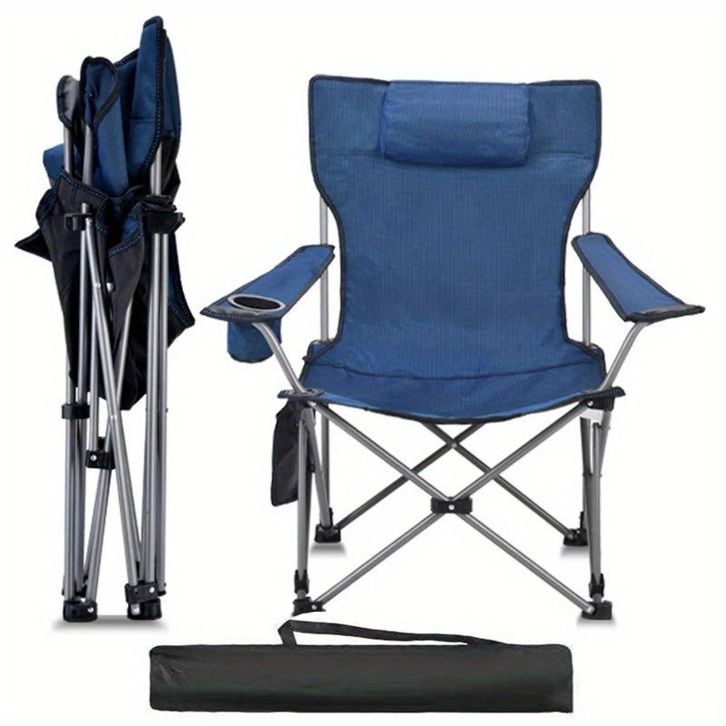 Oversized Camping Chair Outdoor Heavy Duty Folding Chair w/ Cup Holder & Pillow