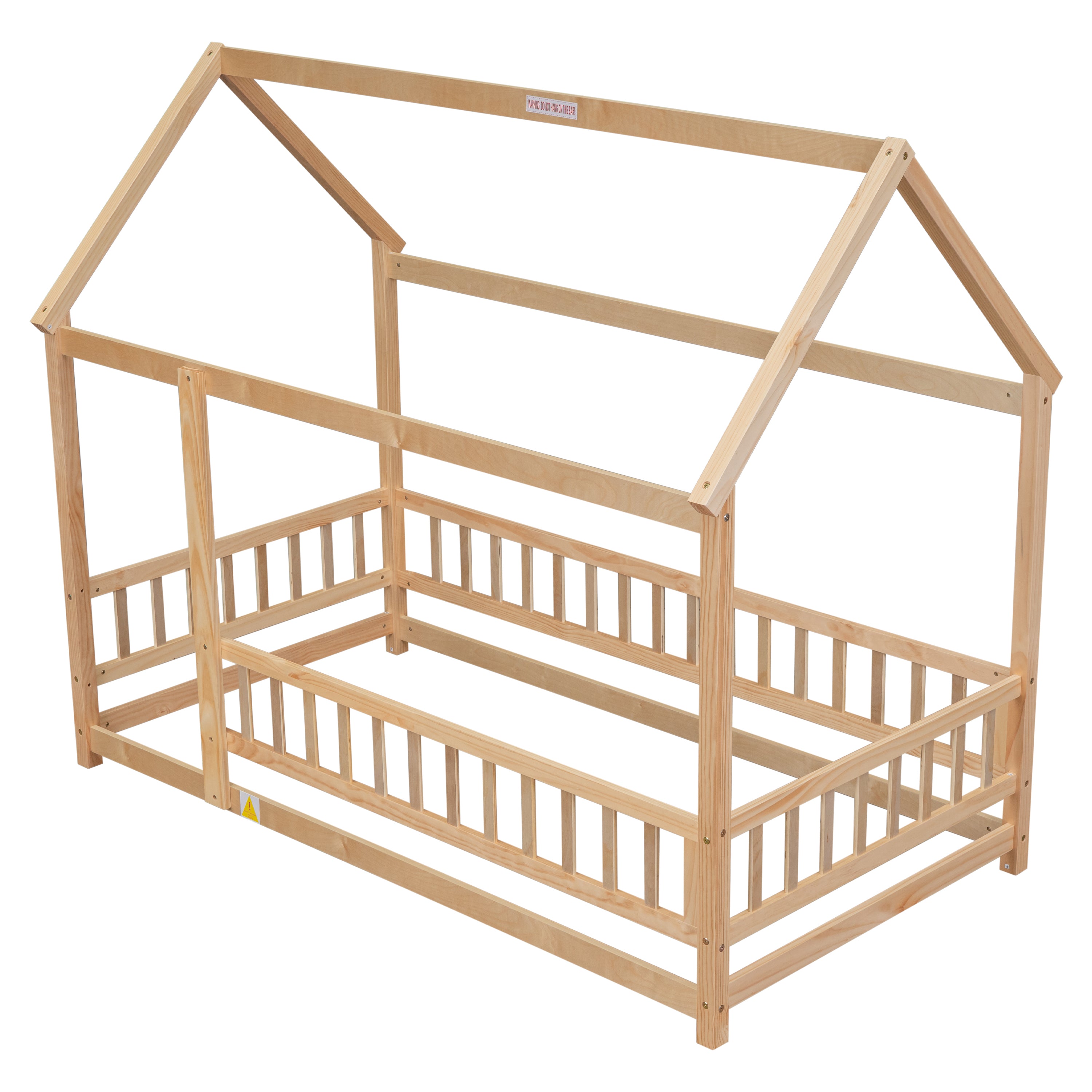 Twin Size Floor Wooden Bed with House Roof Frame, Fence Guardrails,(Old SKU:W504105240)