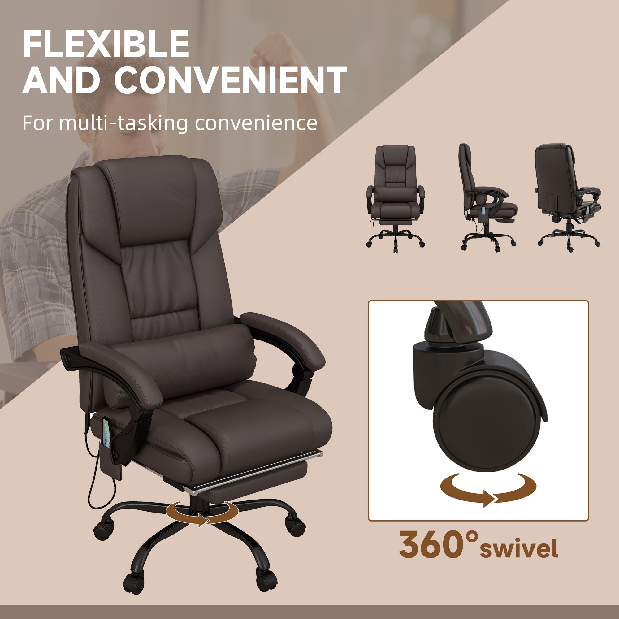 High Back Vibration Massage Office Chair with 6 Points, Hight Adjustable Computer Desk Chair, Reclining Office Chair with Retractable Footrest and Remote, Brown