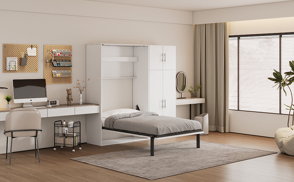 Twin Size Murphy Bed with Lockers and Wardrobes, White