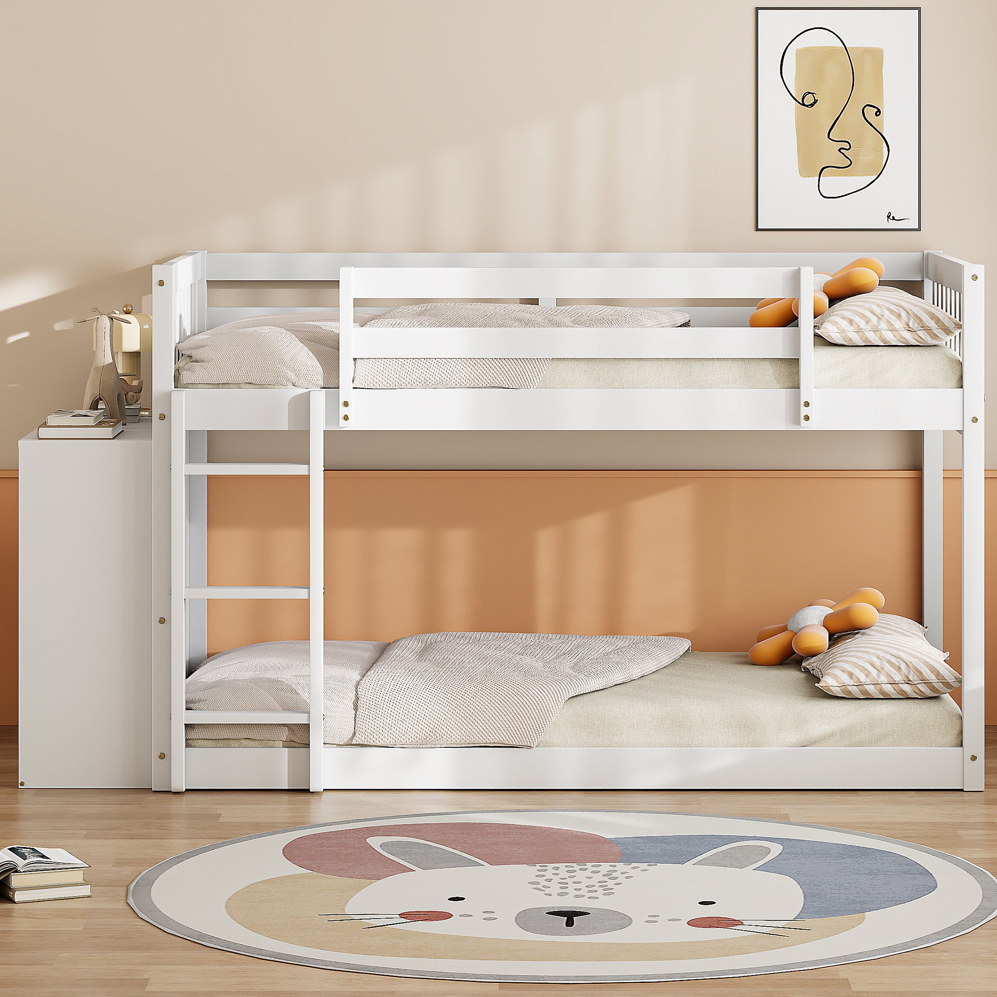 Twin over Twin Bunk Bed with 4 Drawers and 3 Shelves-White