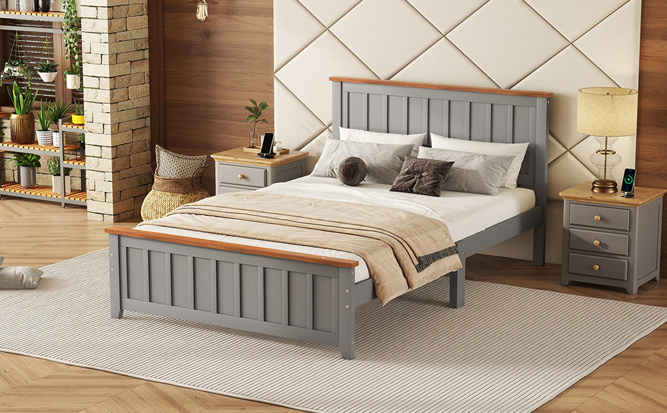 Full Size Wood Platform Bed Wooden Slat Support, Vintage Simple Bed Frame with Rectangular Headboard and Footboard, Grey