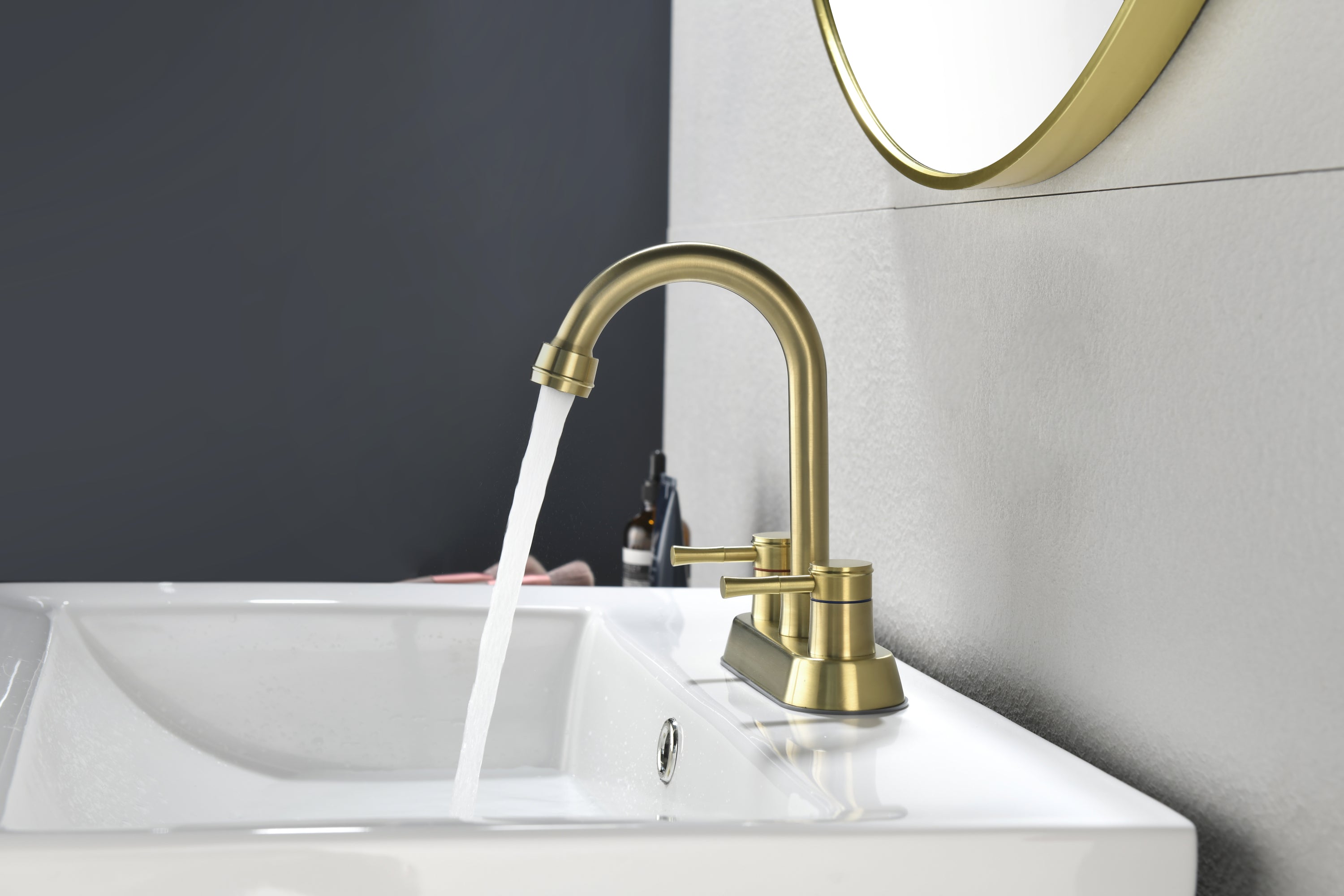 Brushed Gold 4 Inch 2 Handle Centerset Lead-Free Bathroom Faucet, Swivel Spout with Copper Pop Up Drain and 2 Water Supply Lines