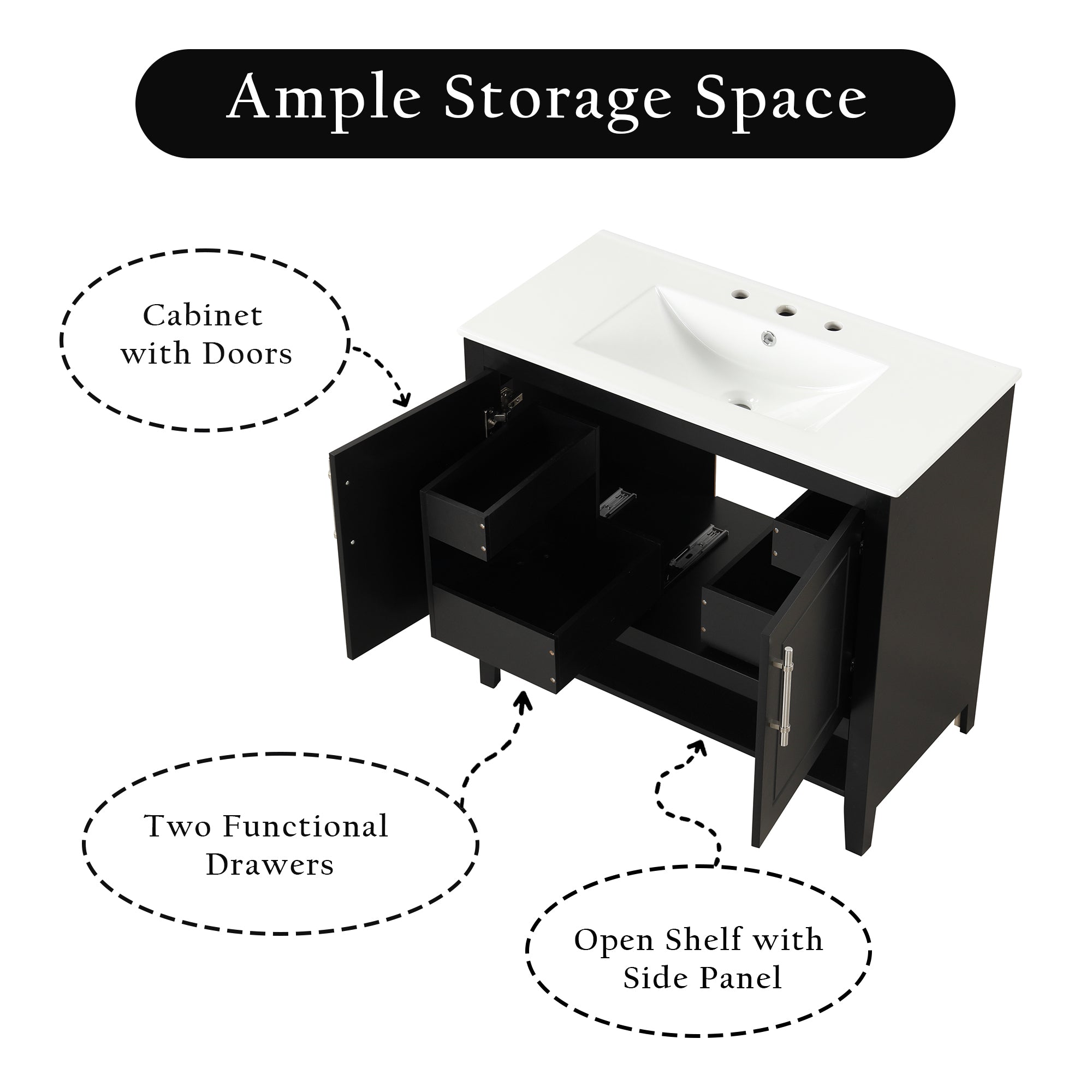 36" Bathroom Vanity with Sink, Multi-functional Bathroom Cabinet with Doors and Drawers, MDF Frame and MDF Board, Black