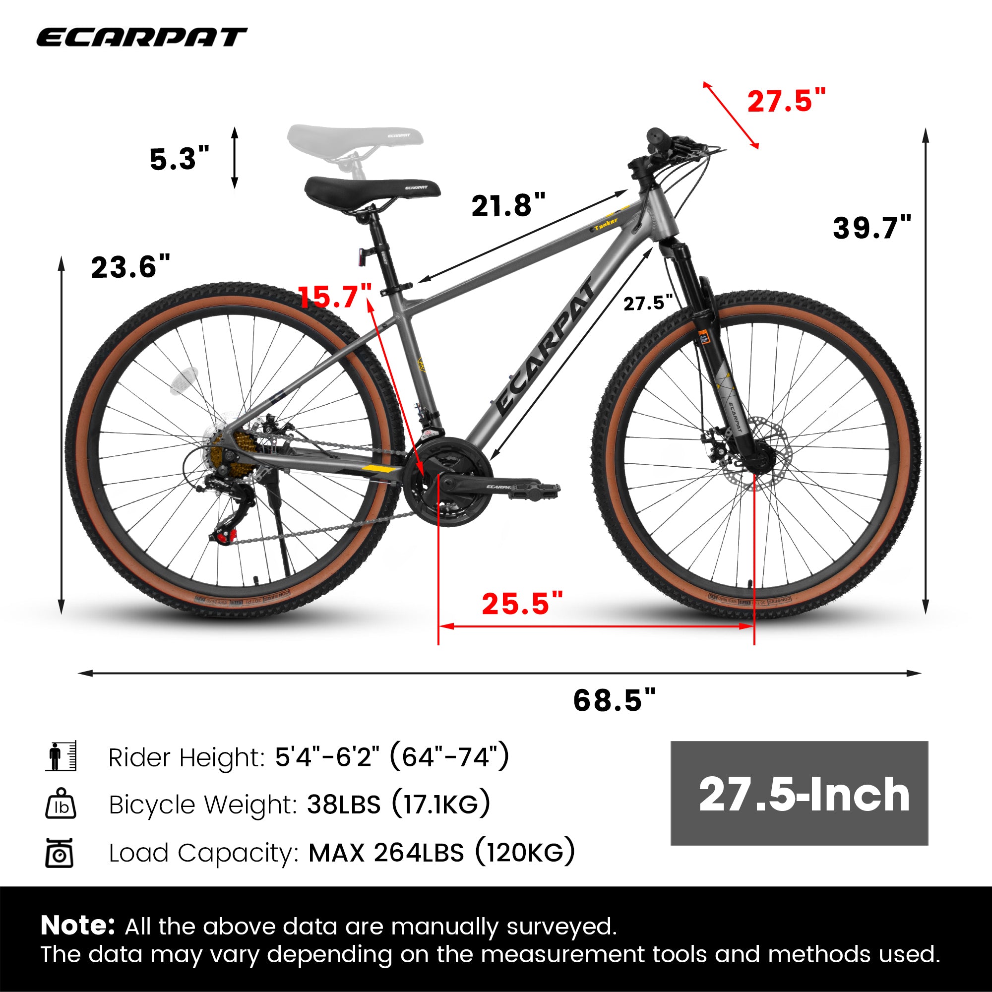 A27312 Mountain Bike 27.5 Inch Wheels, Aluminium Frame 21-Speed Mens Womens Trail Commuter City Mountain Bike, Aluminium Frame Disc Brakes Thumb Shifter Front Fork Bicycles