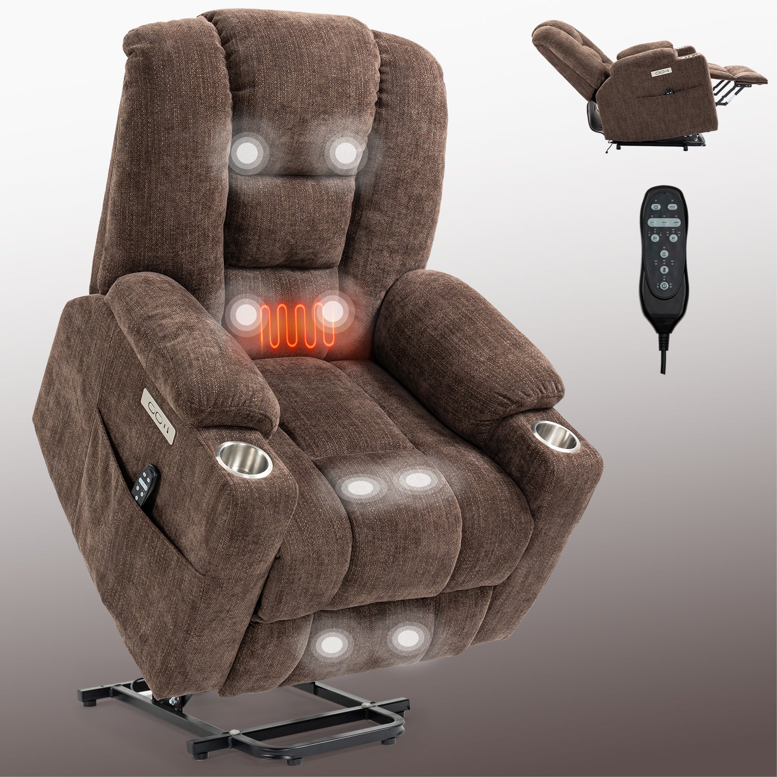 EMON'S Large Power Lift Recliner Chair with Massage and Heat for Elderly, Overstuffed Wide Recliners, Heavy Duty Motion Mechanism with USB and Type C Ports, 2 Steel Cup Holders, Brown