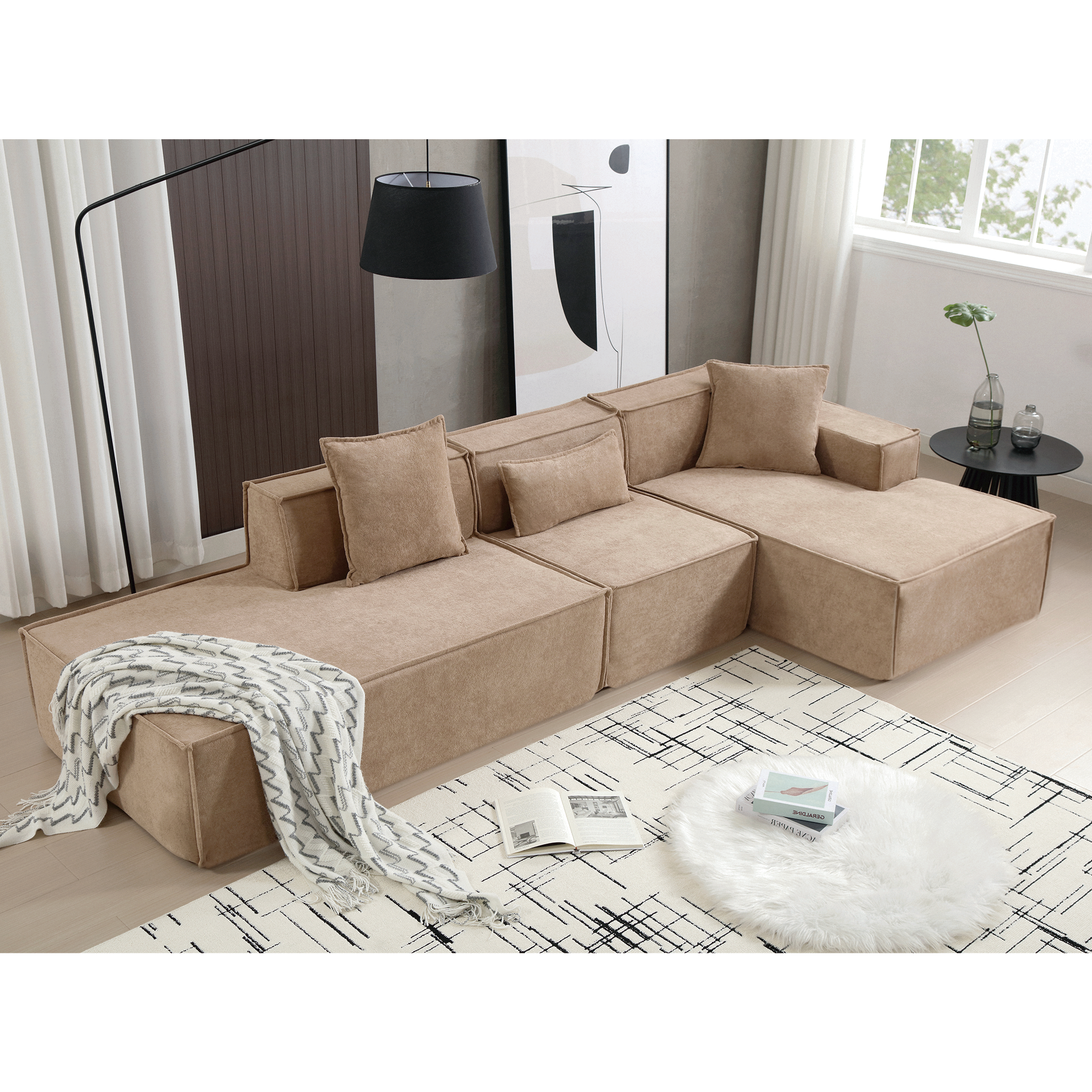 [VIDEO PROVIDED] Modular combination  sofa set, modern minimalist sofa, free installation sofa, L-shaped, Italian minimalist tofu block sofa,  Right-Hand Facing,Terrycloth fabric,Light Brown