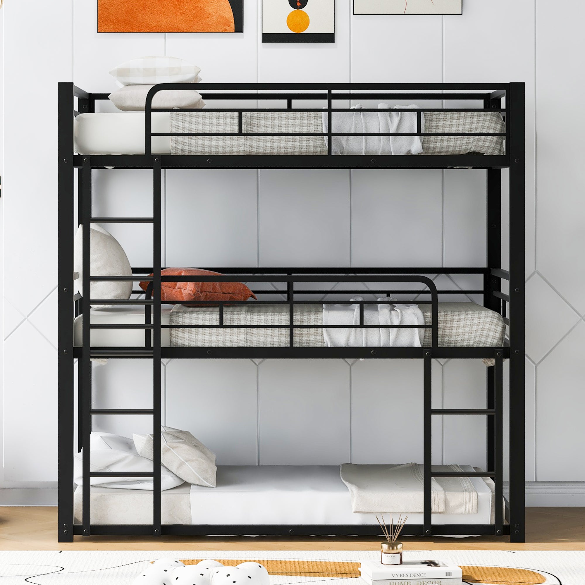 Metal Twin Size Triple Bunk Bed, Black(Old SKU: SM000230AAB-1)