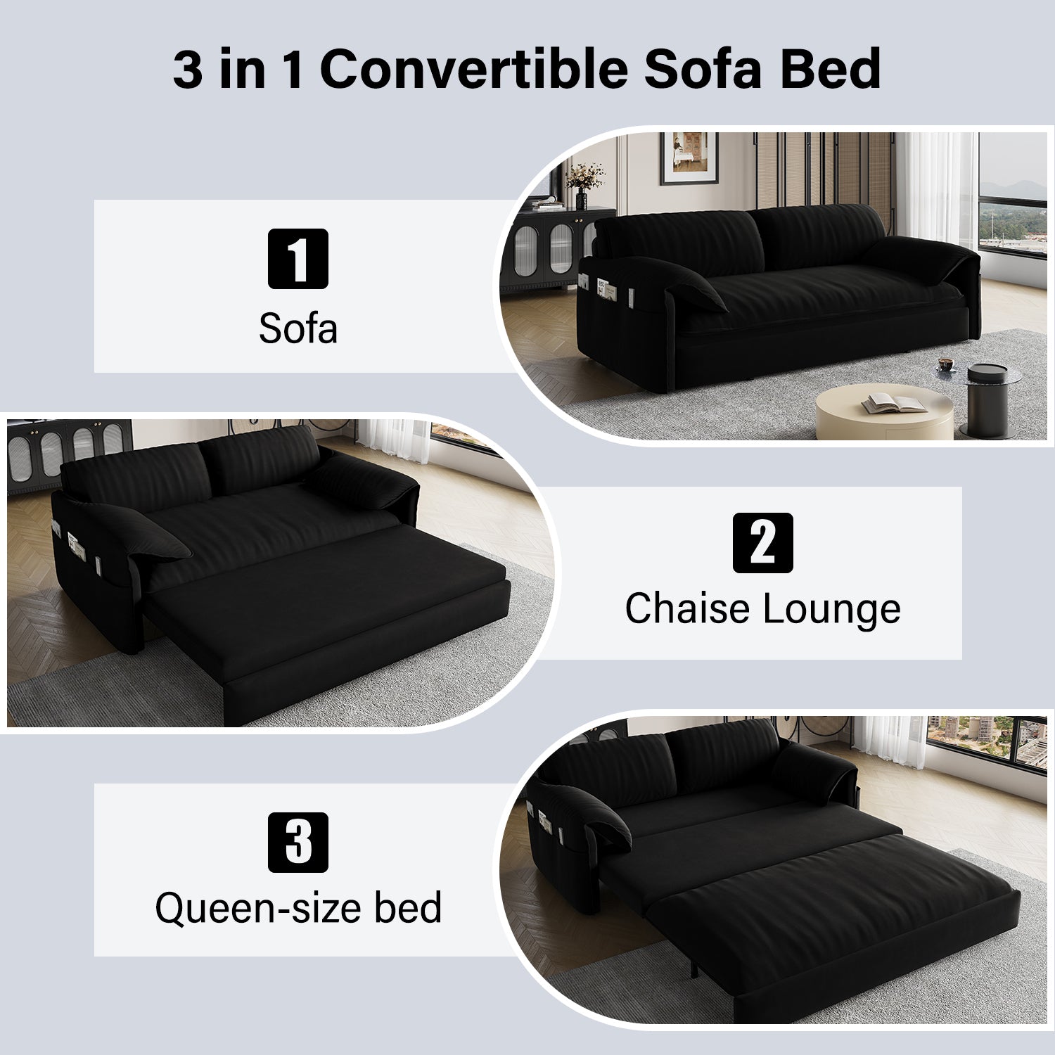 63.8" Queen Pull Out Sofa Bed, 3-in-1 Convertible Sleeper Sofa with Side Storage,Multi-Functional Velvet Loveseat Bed for Living Room,Bedroom,Apartment,Office,Black(Old Sku:W1885P151441/W1885P154638)