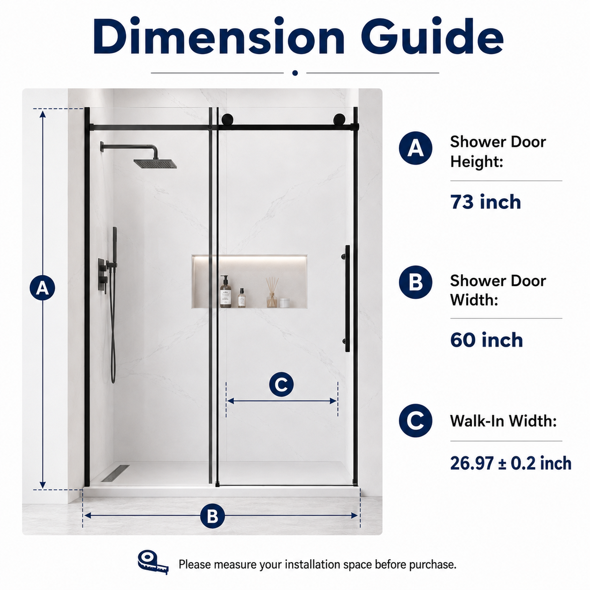Soft-close frameless sliding shower door installed view