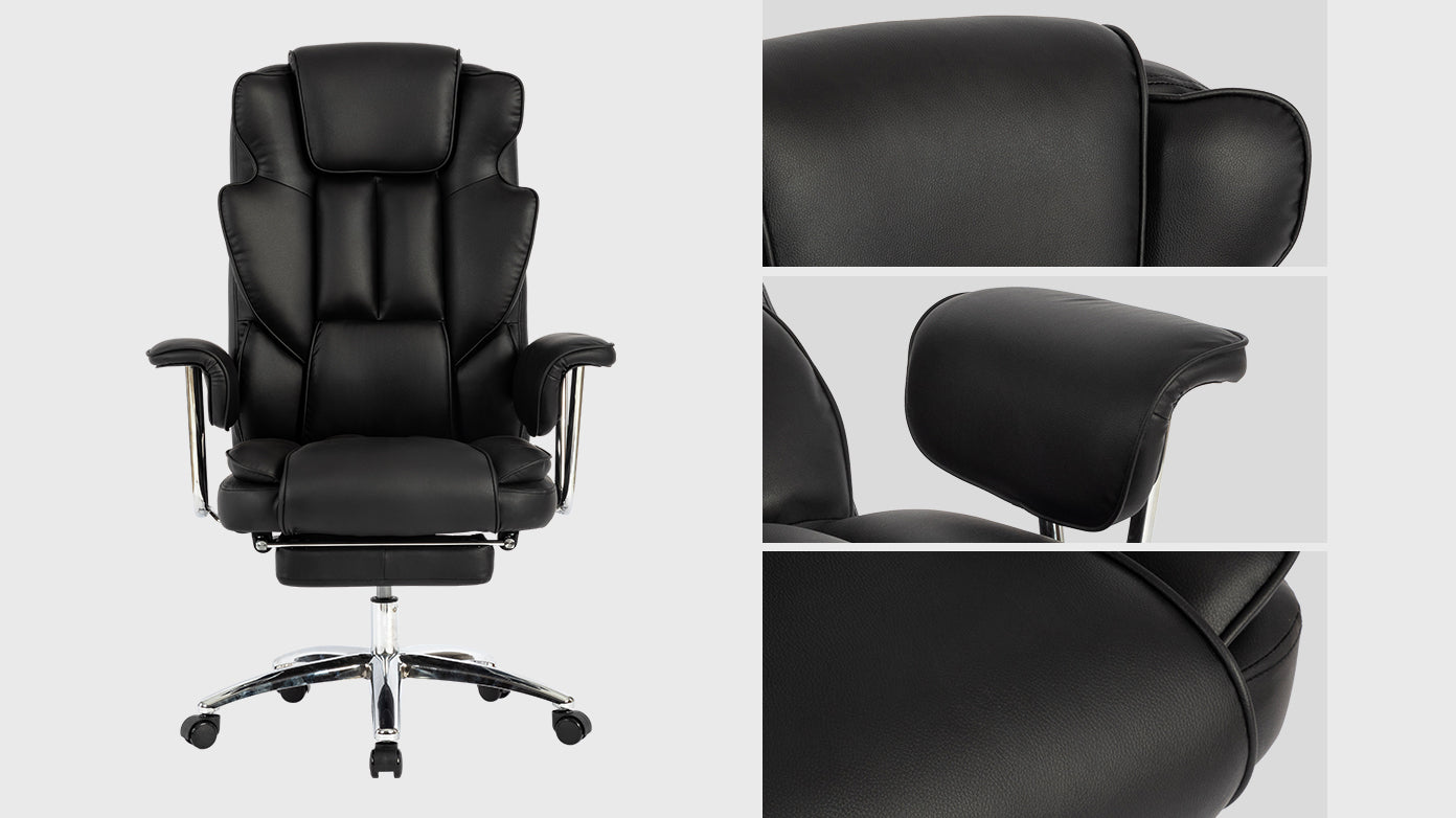 Office Chair, Big and Tall Executive Office Chair with Footrest, Leather Computer Chair, Ergonomic Reclining Chair High Back, Large Home Office Chair (Black)