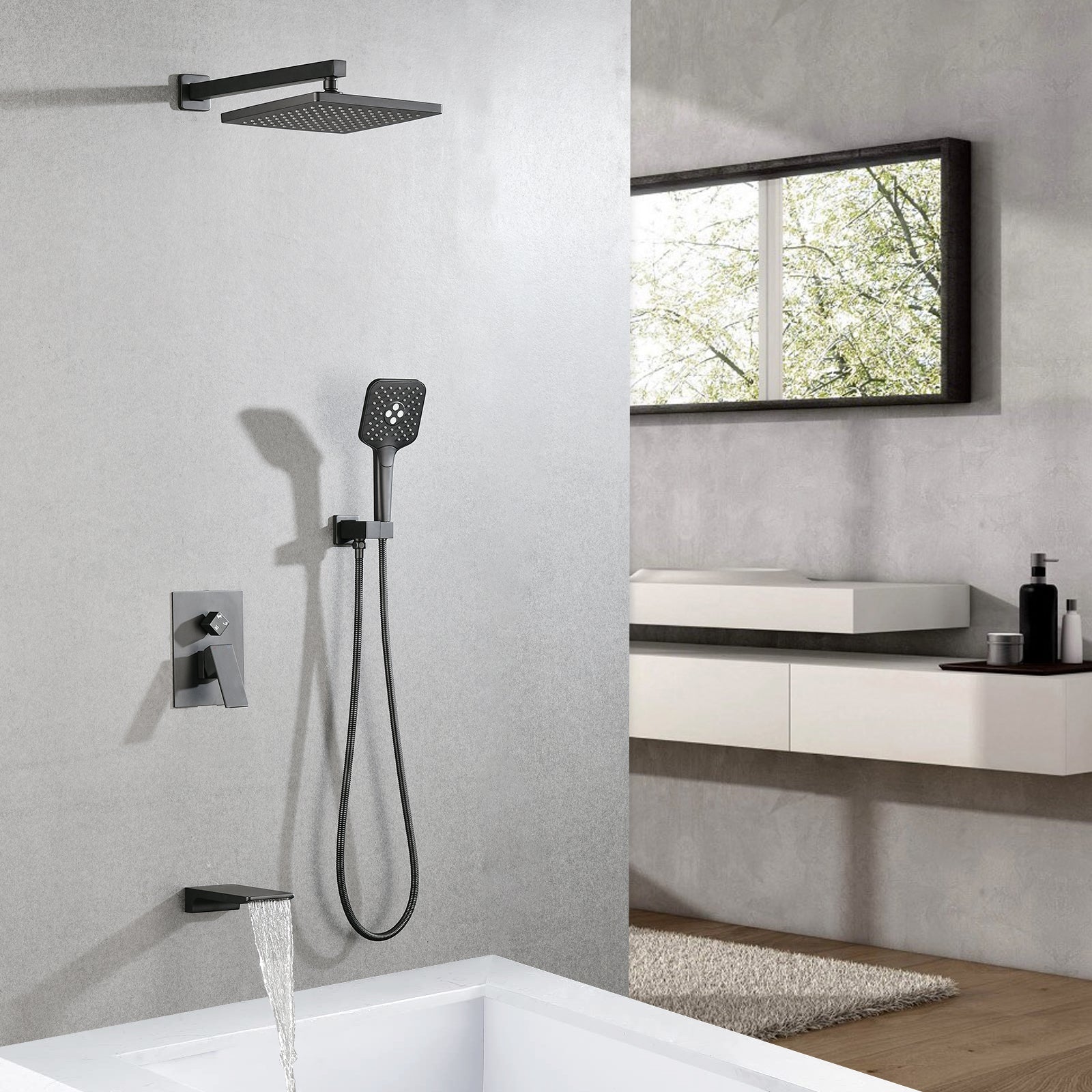 Shower Faucet Set, with Handheld Shower and Rainfall Shower Head Combination Set Wall Mounted Shower System with Tub Spout