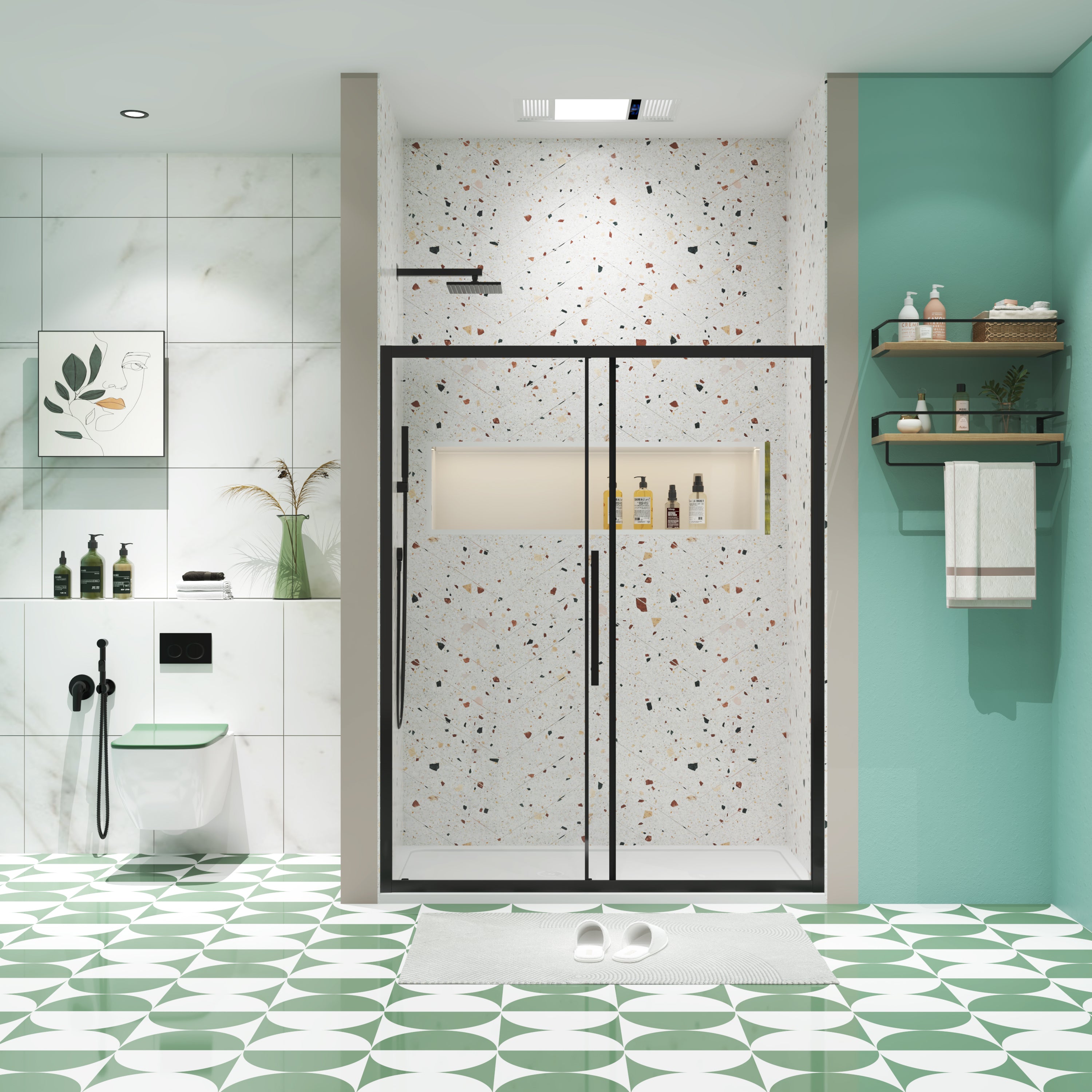 Matte black sliding shower door in bathroom