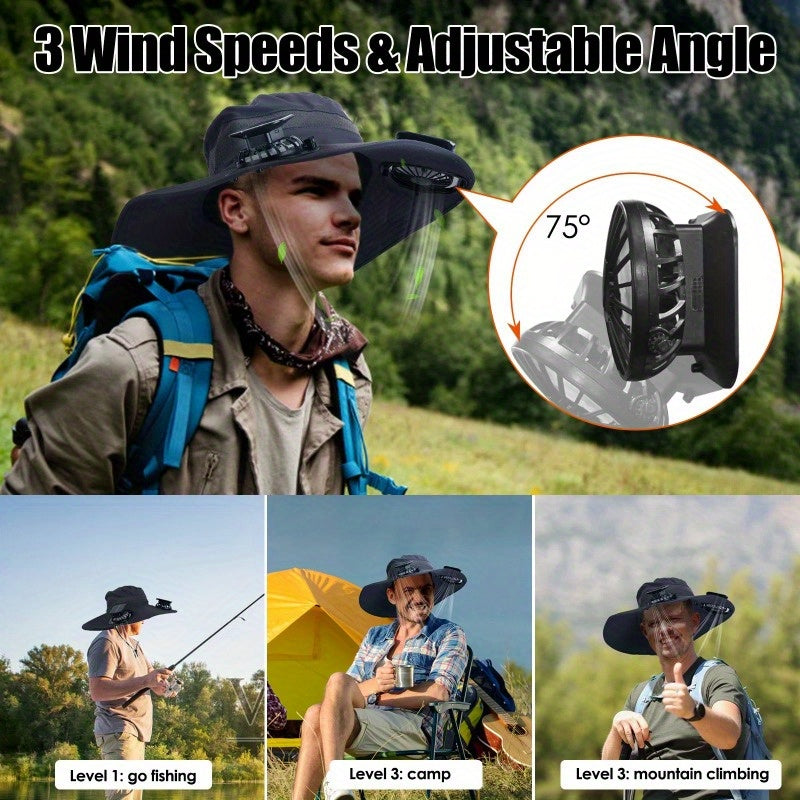 Outdoor Wide Brim Sun Hat With 2 Rechargeable Fans Solar Powered 3 Wind Speeds UPF50+ Breathable Waterproof Nylon Mesh Outdoor Hat For Hiking Camping Hunting Fishing