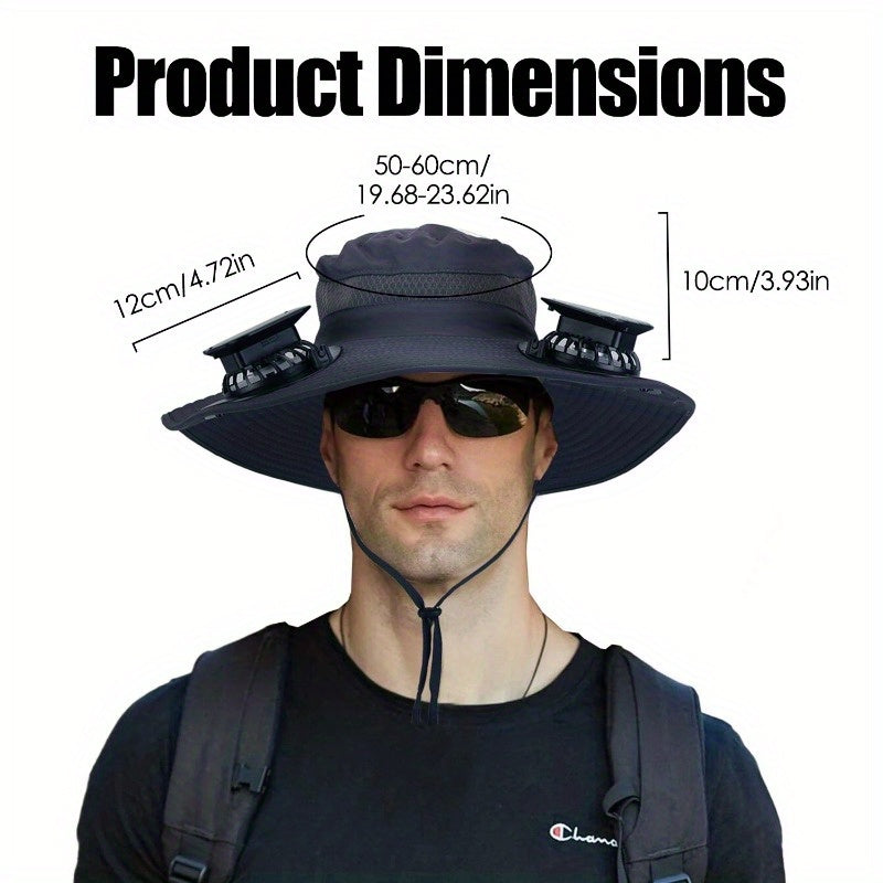 Outdoor Wide Brim Sun Hat With 2 Rechargeable Fans Solar Powered 3 Wind Speeds UPF50+ Breathable Waterproof Nylon Mesh Outdoor Hat For Hiking Camping Hunting Fishing