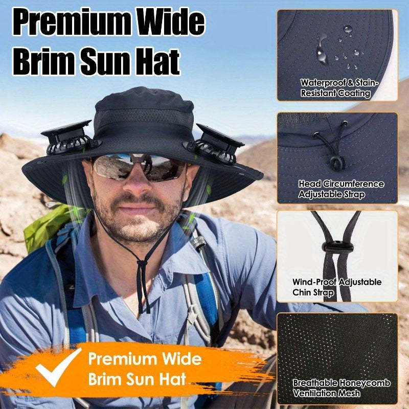 Outdoor Wide Brim Sun Hat With 2 Rechargeable Fans Solar Powered 3 Wind Speeds UPF50+ Breathable Waterproof Nylon Mesh Outdoor Hat For Hiking Camping Hunting Fishing