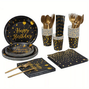 201PCS Black Gold Birthday Party Supplies For 25 Guests Happy Birthday Disposable Dinnerware Set Paper Plates 9OZ Cups Straws Napkins Forks Knives Spoons Tablecloth