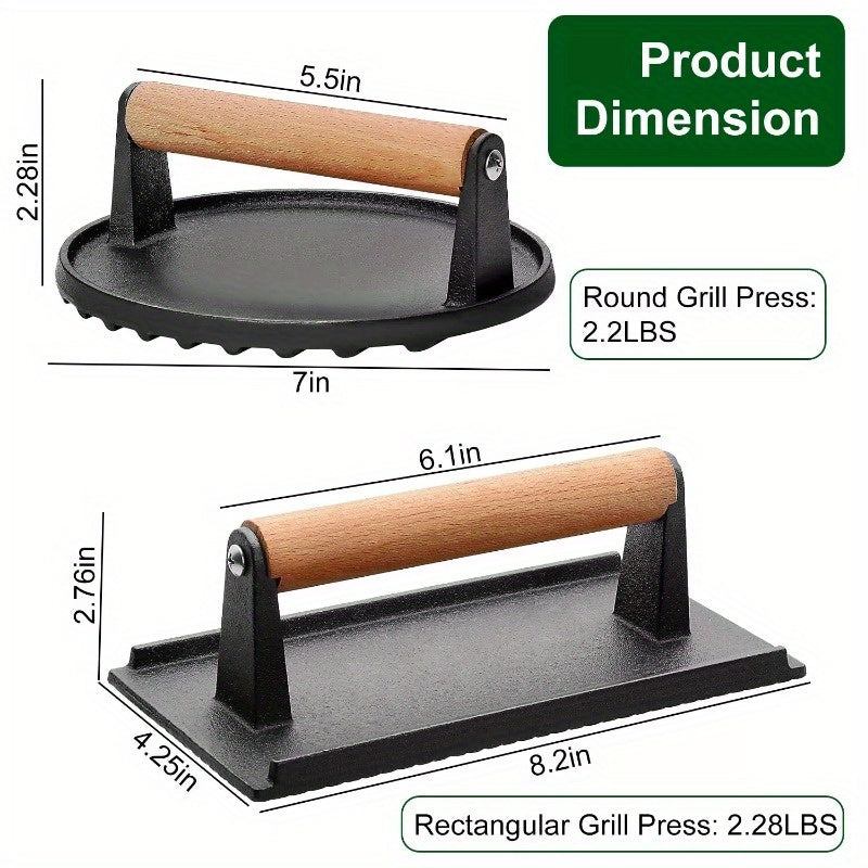 2Pcs Cast Iron Grill Press Pre-Seasoned Steak Weights Smash Burger Press Bacon Meat Smasher with Wood Handle 7in Round & 8.2x4.25in Rectangular Grill Press