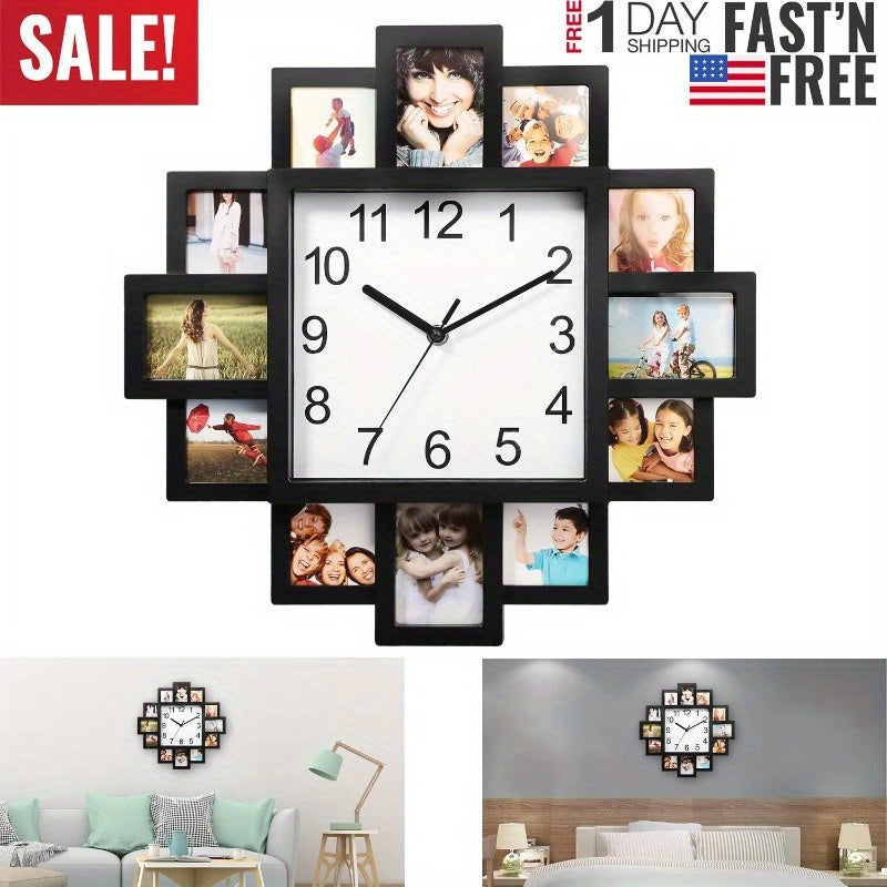 Photo Frame Clock Picture Collage 12-Picture Display Wall Clock Photowall Wall Hanging Home Decor