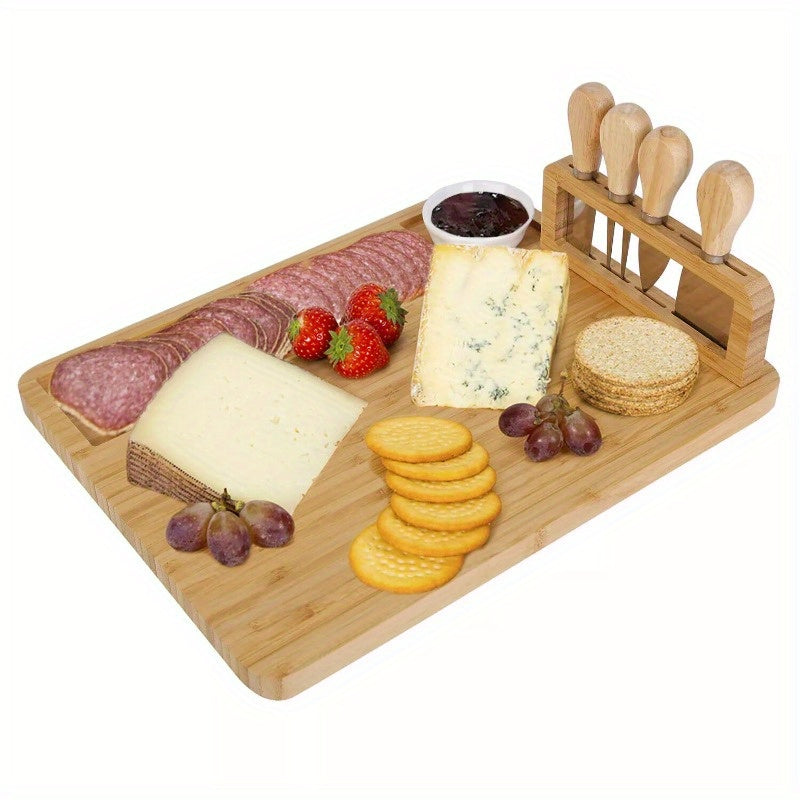 Bamboo Cheese Board Charcuterie Cheese Platter Board Serving Tray with Cutlery Set for Wedding Birthdays Christmas