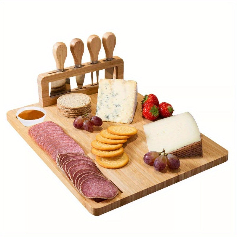 Bamboo Cheese Board Charcuterie Cheese Platter Board Serving Tray with Cutlery Set for Wedding Birthdays Christmas