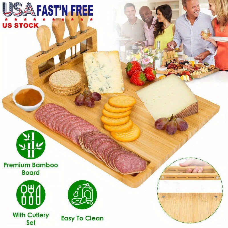 Bamboo Cheese Board Charcuterie Cheese Platter Board Serving Tray with Cutlery Set for Wedding Birthdays Christmas