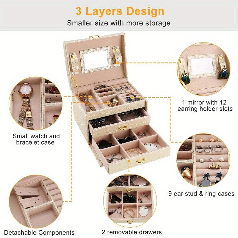 Jewelry Case Organizer 3-layer Lockable Travel Jewelry Box PU Leather Storage Display Case with Mirror Protective