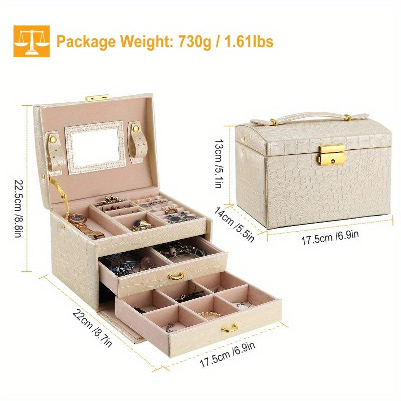 Jewelry Case Organizer 3-layer Lockable Travel Jewelry Box PU Leather Storage Display Case with Mirror Protective