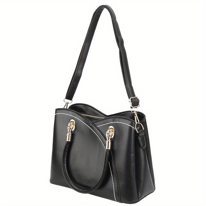 Women's Chic Leather Tote Bag - Medium-Sized Satchel Crossbody with Stylish Stitching & Detachable Strap