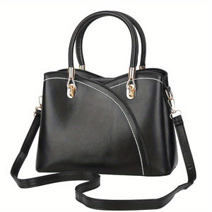 Women's Chic Leather Tote Bag - Medium-Sized Satchel Crossbody with Stylish Stitching & Detachable Strap