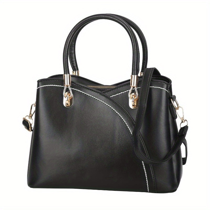 Women's Chic Leather Tote Bag - Medium-Sized Satchel Crossbody with Stylish Stitching & Detachable Strap