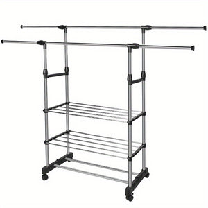 Extendable Garment Hanging Rack with Rolling Wheels - Clothing Rail & Shoe Organizer, Holds up to 77 lbs