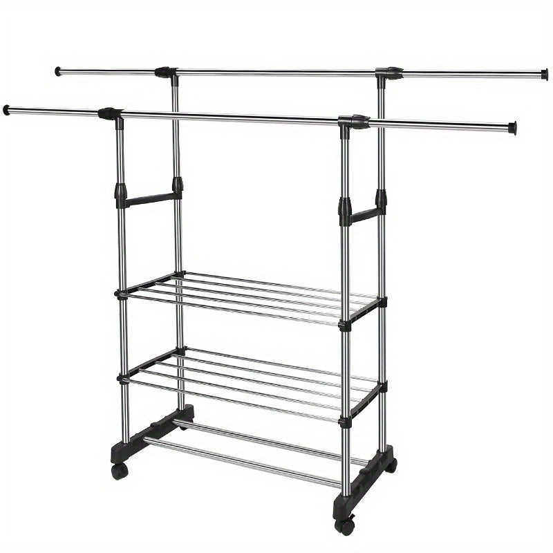 Extendable Garment Hanging Rack with Rolling Wheels - Clothing Rail & Shoe Organizer, Holds up to 77 lbs